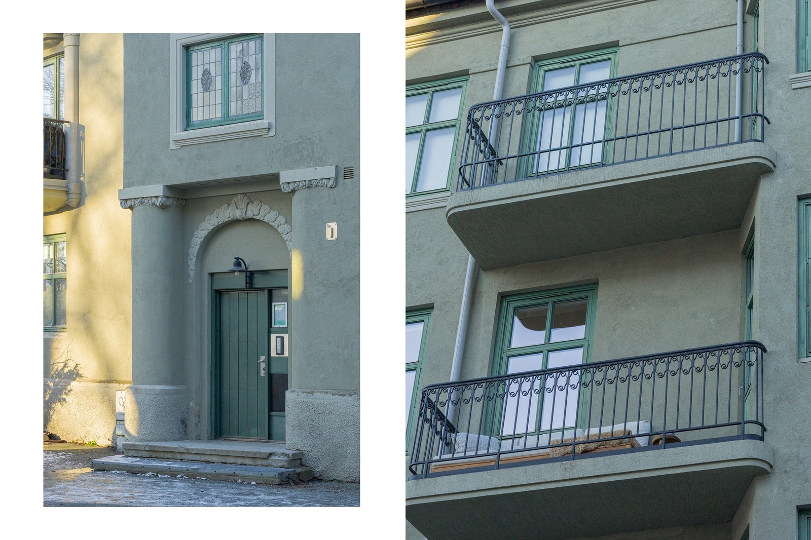 Pent inngangsparti til bygården. Det er også etablert en egen inngang/portrom som fører inn til felles bakgård - hvor man bl.a. kan parkere sykler innlåst og under tak. Galleribilde