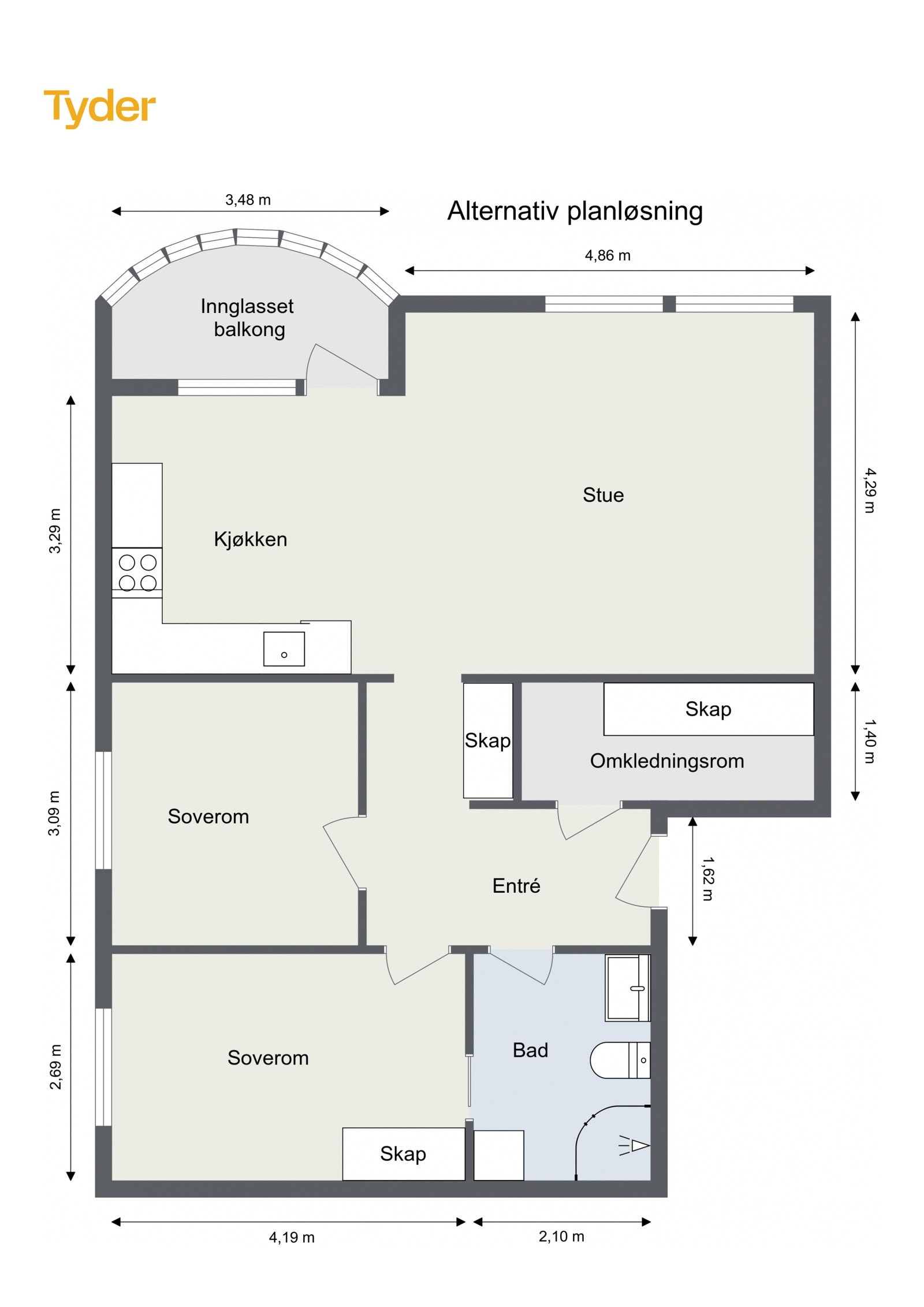 Alternativ planløsning med 2 soverom Galleribilde