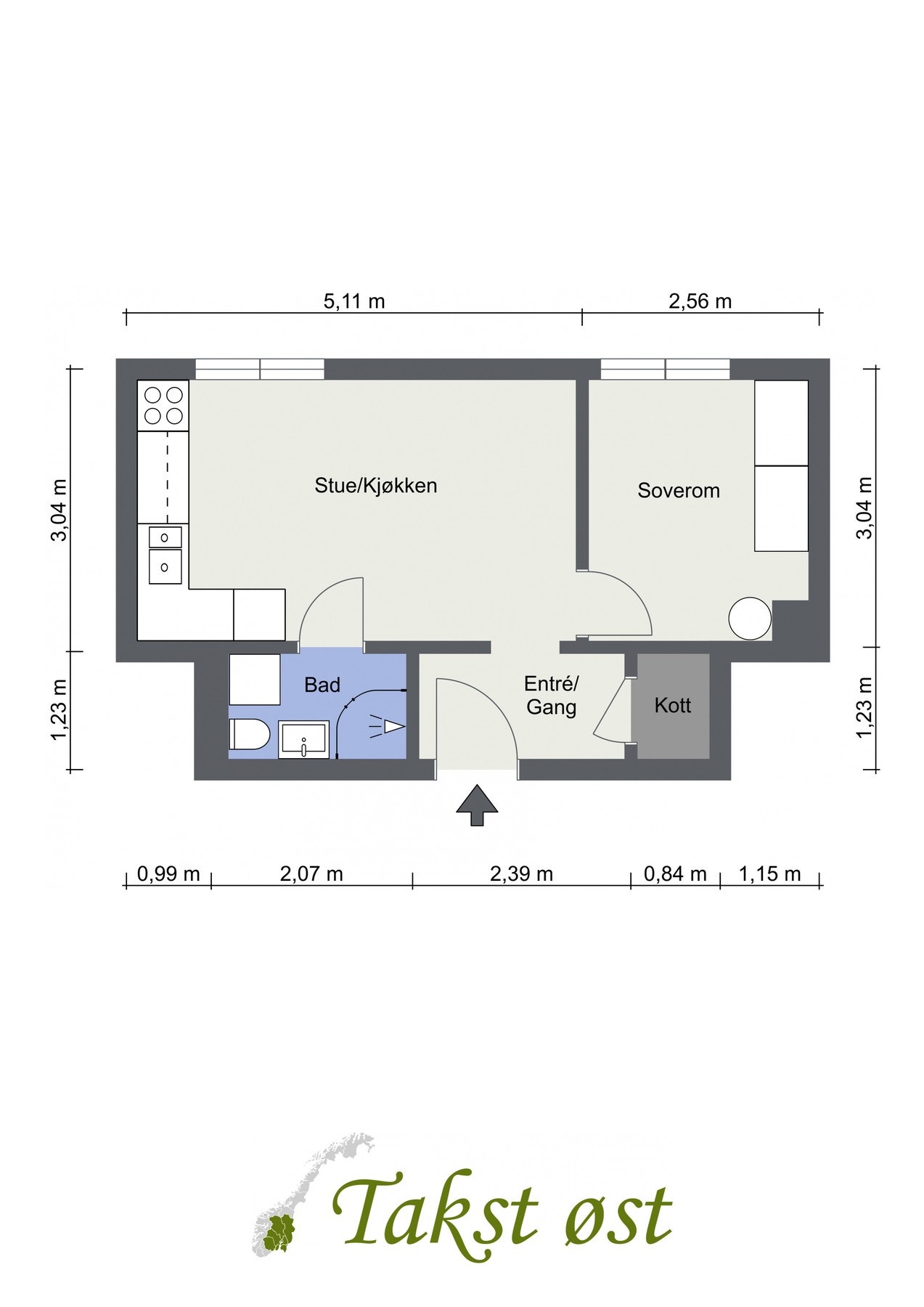 Boligen har en optimal planløsning og består av: entré/gang, stue, kjøkken, bad og soverom. Galleribilde