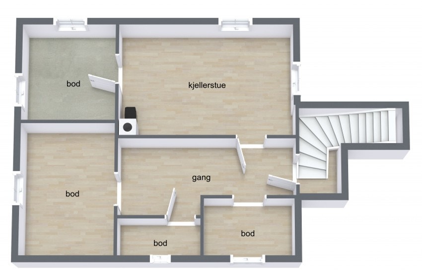 Full kjeller med trapperom, gang, kjellerstue og 4 boder. Galleribilde