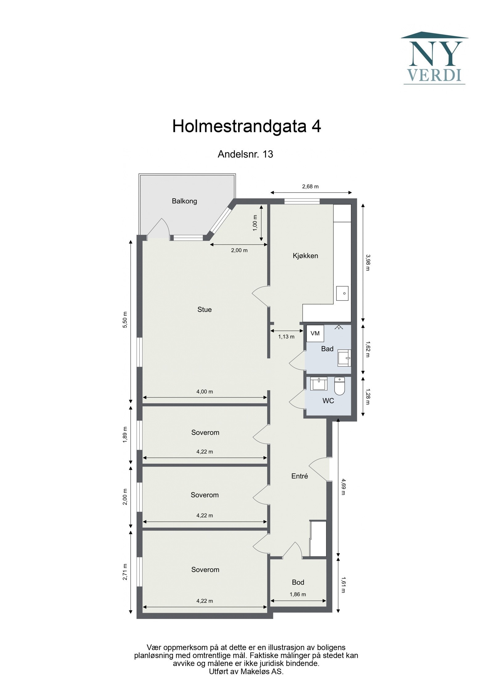 Plantegning. I tillegg disponerer leiligheten en ekstern bod på ca. 3m². Heis i bygget. Galleribilde