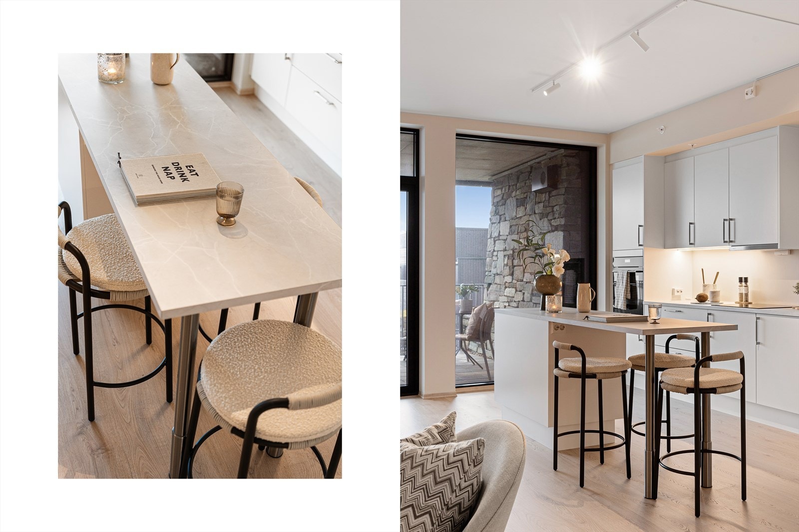 Sosial og praktisk kjøkkenøy med oppbevaring og sitteplasser Galleribilde