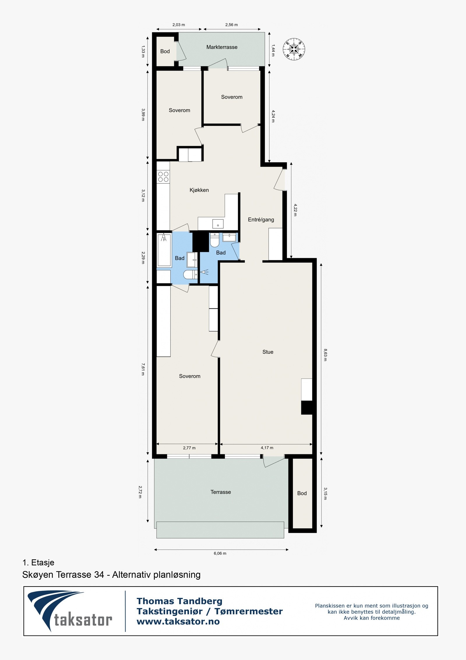 Alternativ planskisse med ekstra soverom og endringer på kjøkken og vaskerom. Galleribilde