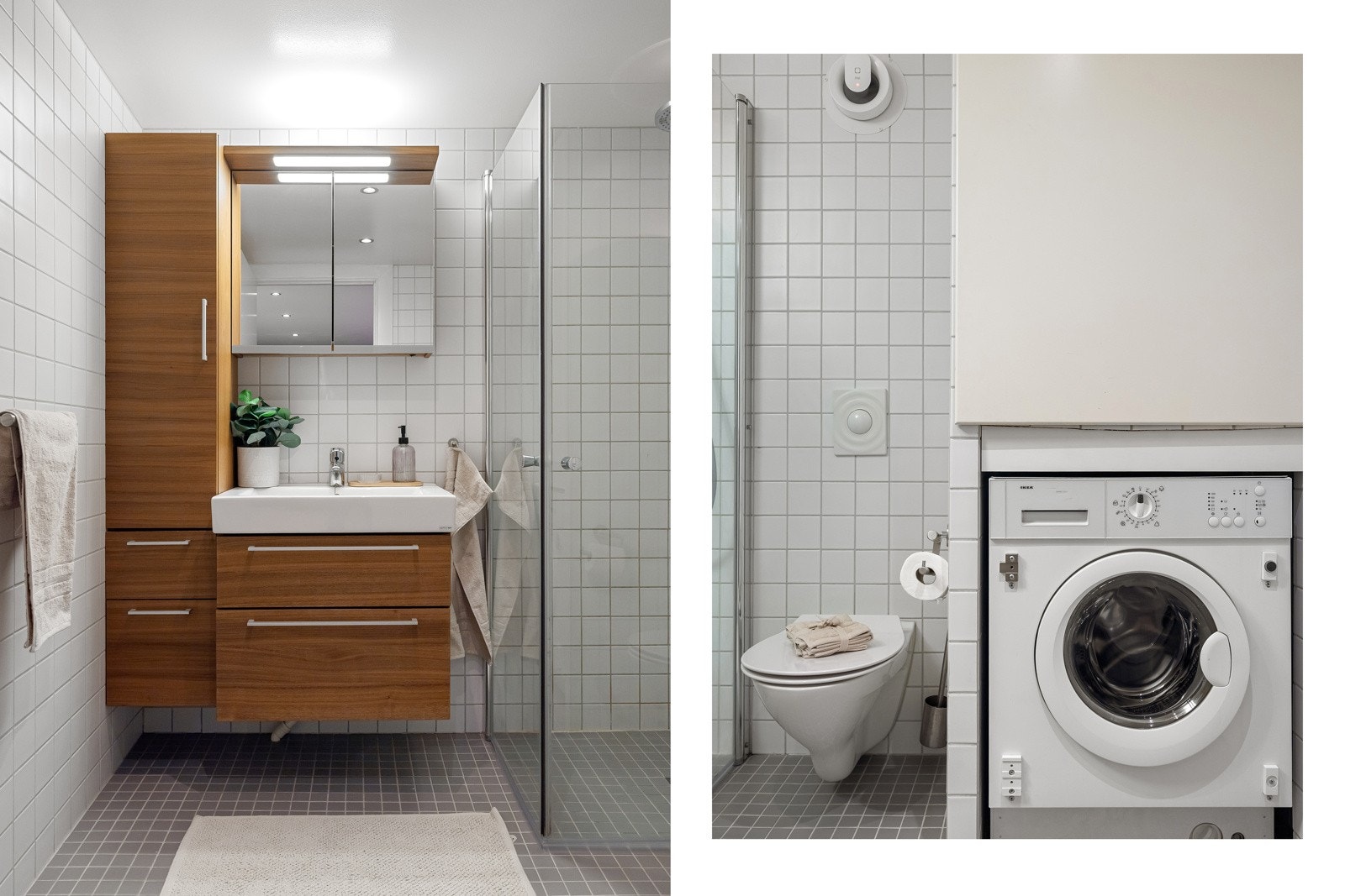 Badet er innredet med dusjhjørne rett på flis med glassdører, veggmontert servantinnredning med god plass til oppbevaring av baderomsartikler og vegghengt toalett. Videre har badet plassbygd skap for varmtvannsbereder og vaskemaskin Galleribilde
