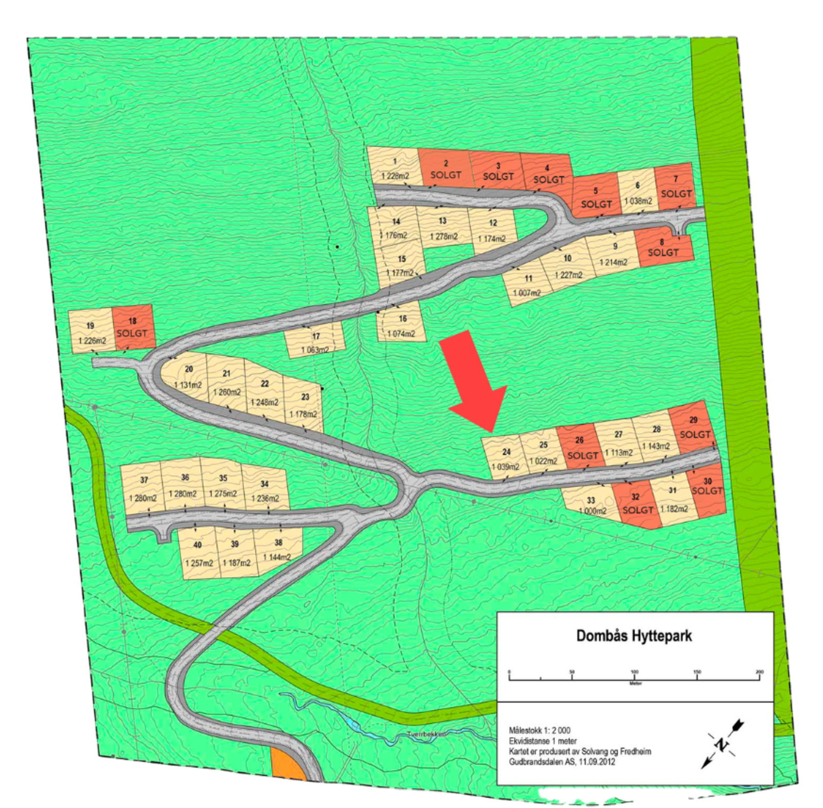 Tomteoversikt Dombås hyttepark. Tomt 24 som er priset i annonsen markert. Galleribilde