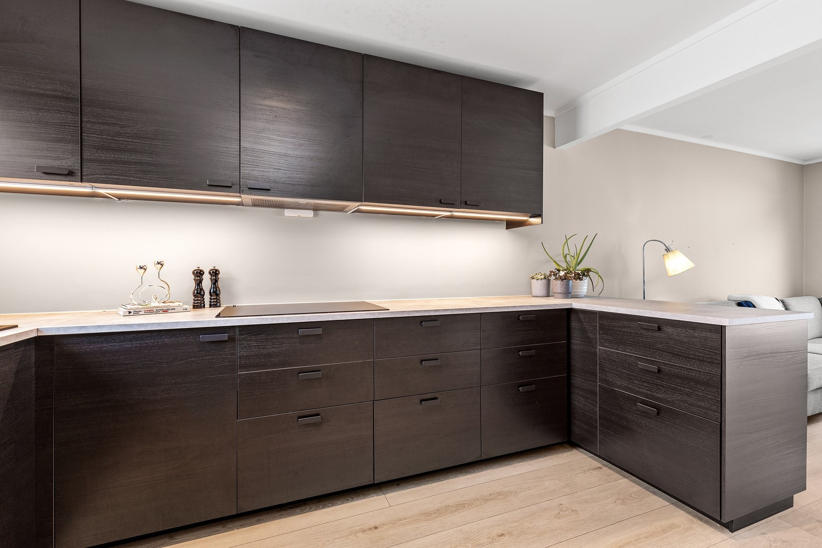 Her er det rikelig med oppbevaringsplass i både skuffer og skap, med takhøye overskap med belysning over benkeplaten. Galleribilde