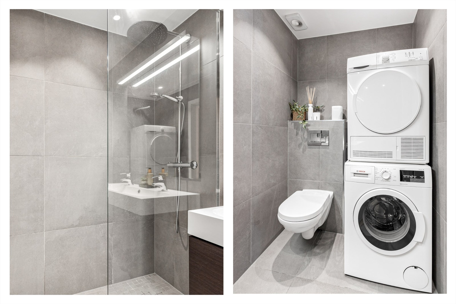 Badet er innredet med vegghengt klosett, dobbel servant på servantinnredning med overspeil og dusjnisje med glassvegg. Det er både plass og opplegg for vaskemaskin og tørketrommel. Galleribilde