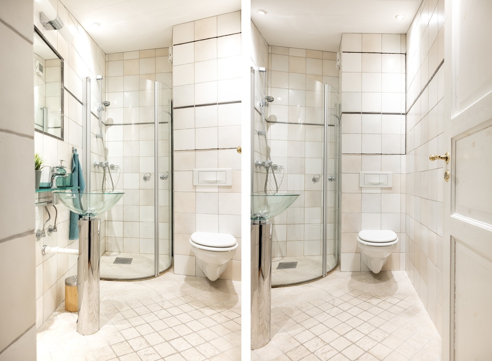 Badet er innredet med servant, vegghengt toalett og dusjhjørne. Galleribilde