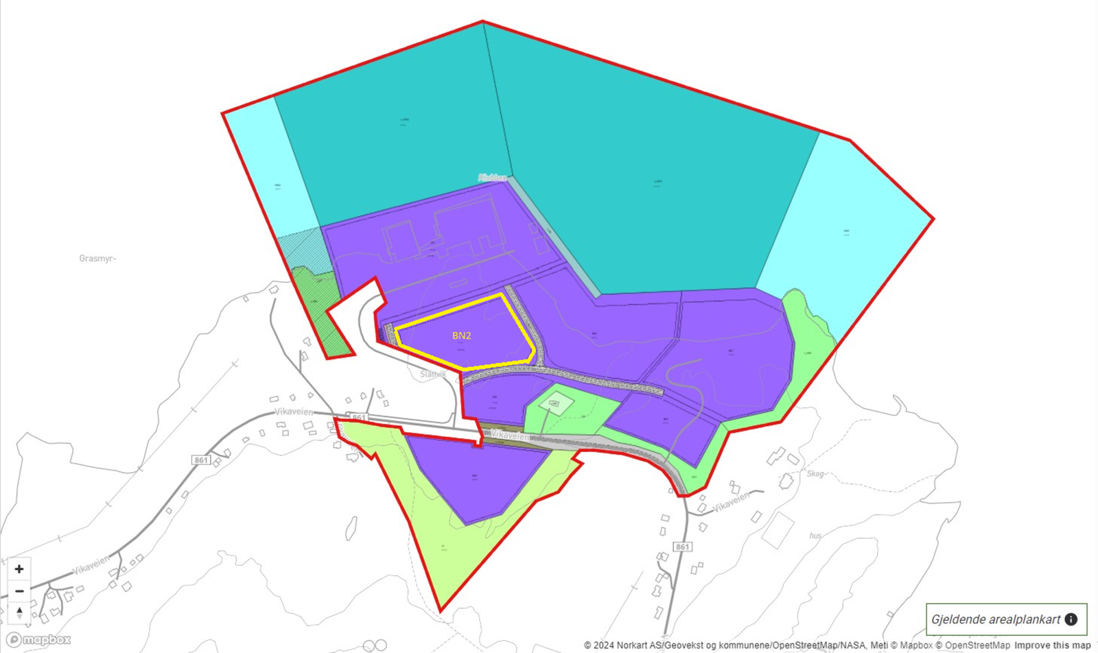 Situasjonskart BN2 markert i gult. Arealet er omtrentlig areal - og avvik kan forekomme. Galleribilde