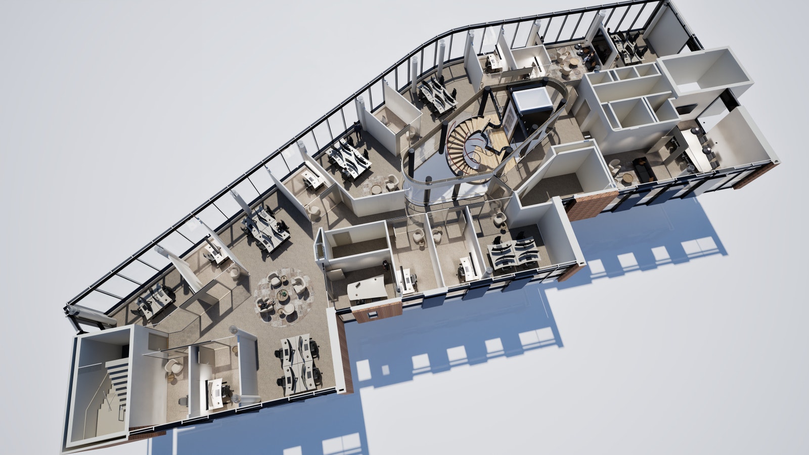 Ledig etasje kan leies ut til en leietaker, eller deles i to lokaler. Dersom etasjen deles i to vil de to eksemplene på inndeling kunne ha ca. 19 og 13 arbeidsplasser. Galleribilde