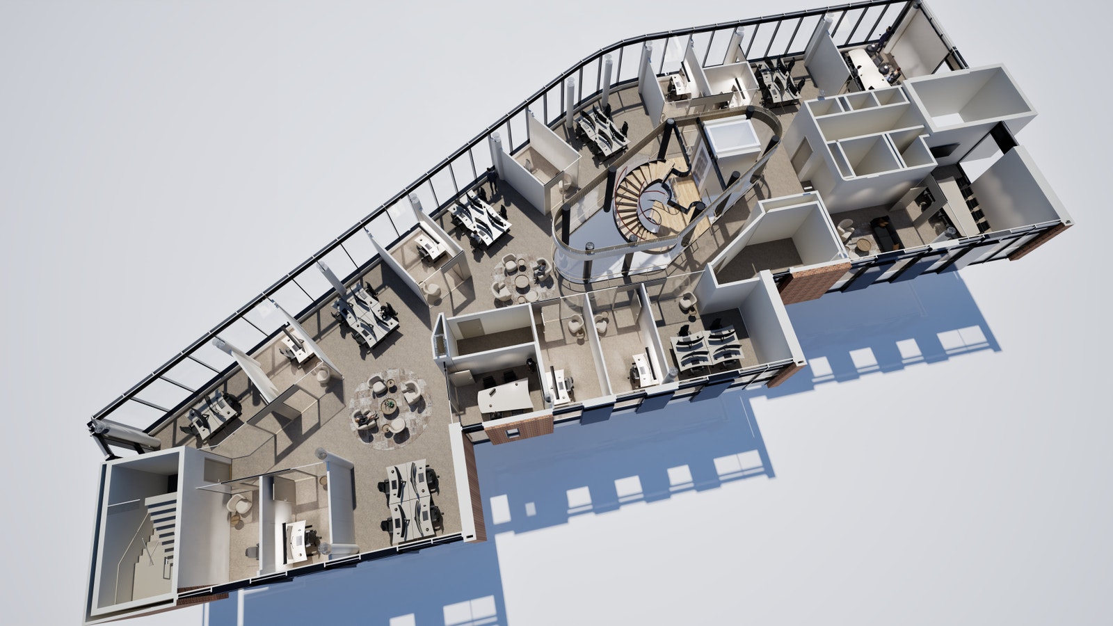 Ledig etasje kan leies ut til en leietaker, eller deles i to lokaler. Dersom etasjen deles i to vil de to eksemplene på inndeling kunne ha ca. 19 og 13 arbeidsplasser. Galleribilde