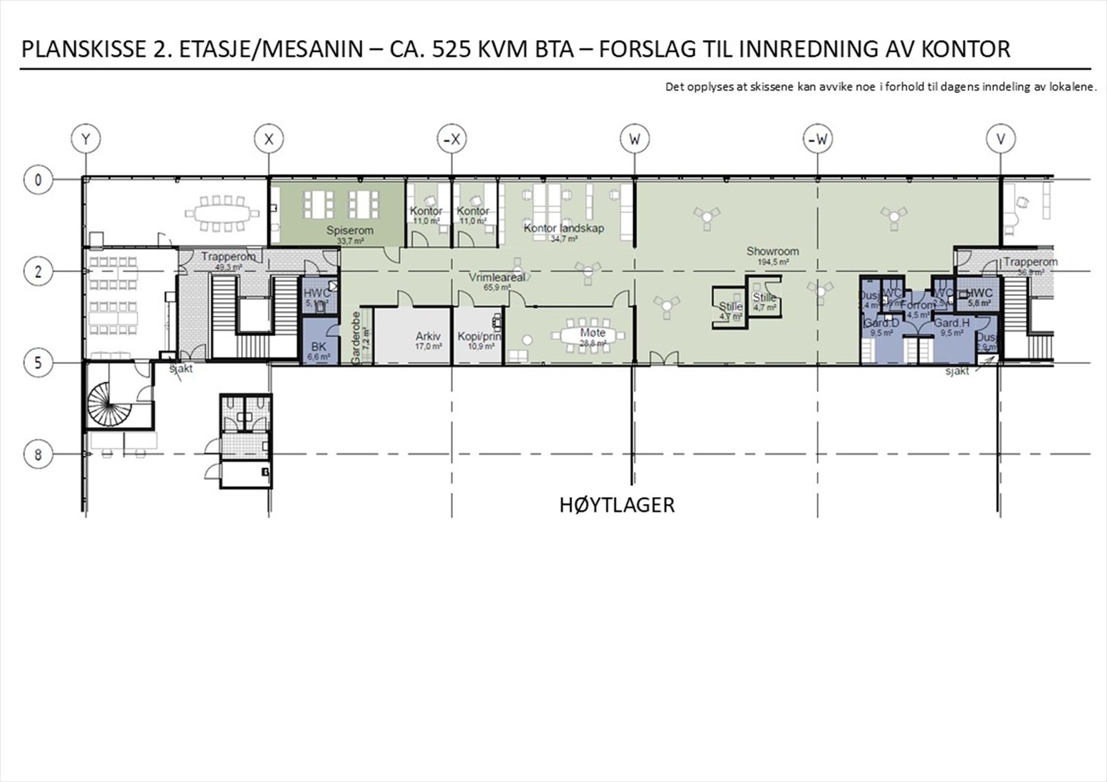 Planskisse mesanin - forslag til innredning kontor (kan innredes til kontor dersom det ikke benyttes til lager). Galleribilde