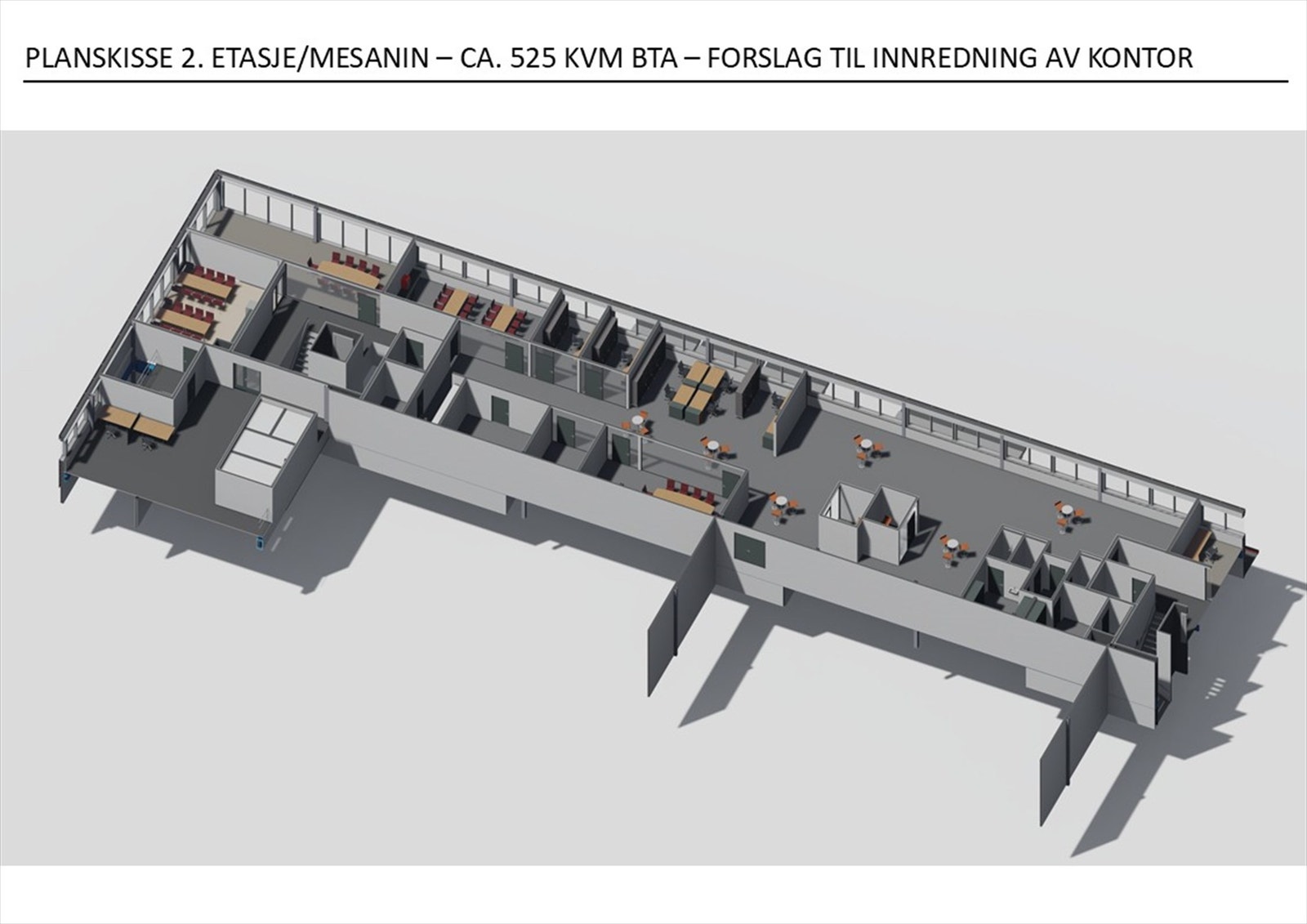 Planskisse mesanin - forslag til innredning kontor 3D. Galleribilde