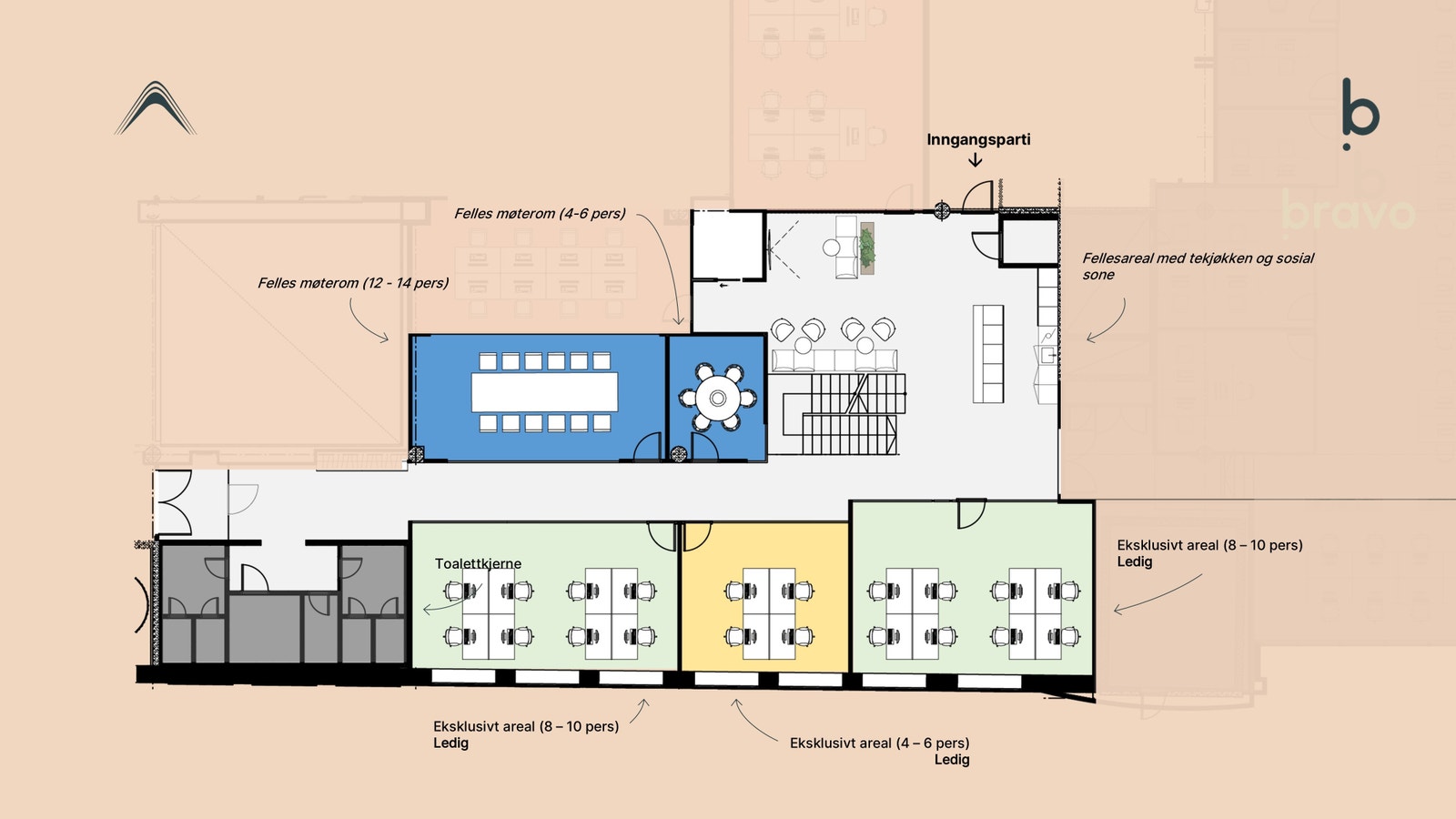Ledige lokaler per i dag. 2 x 8 pers + 1 x 4 pers Galleribilde
