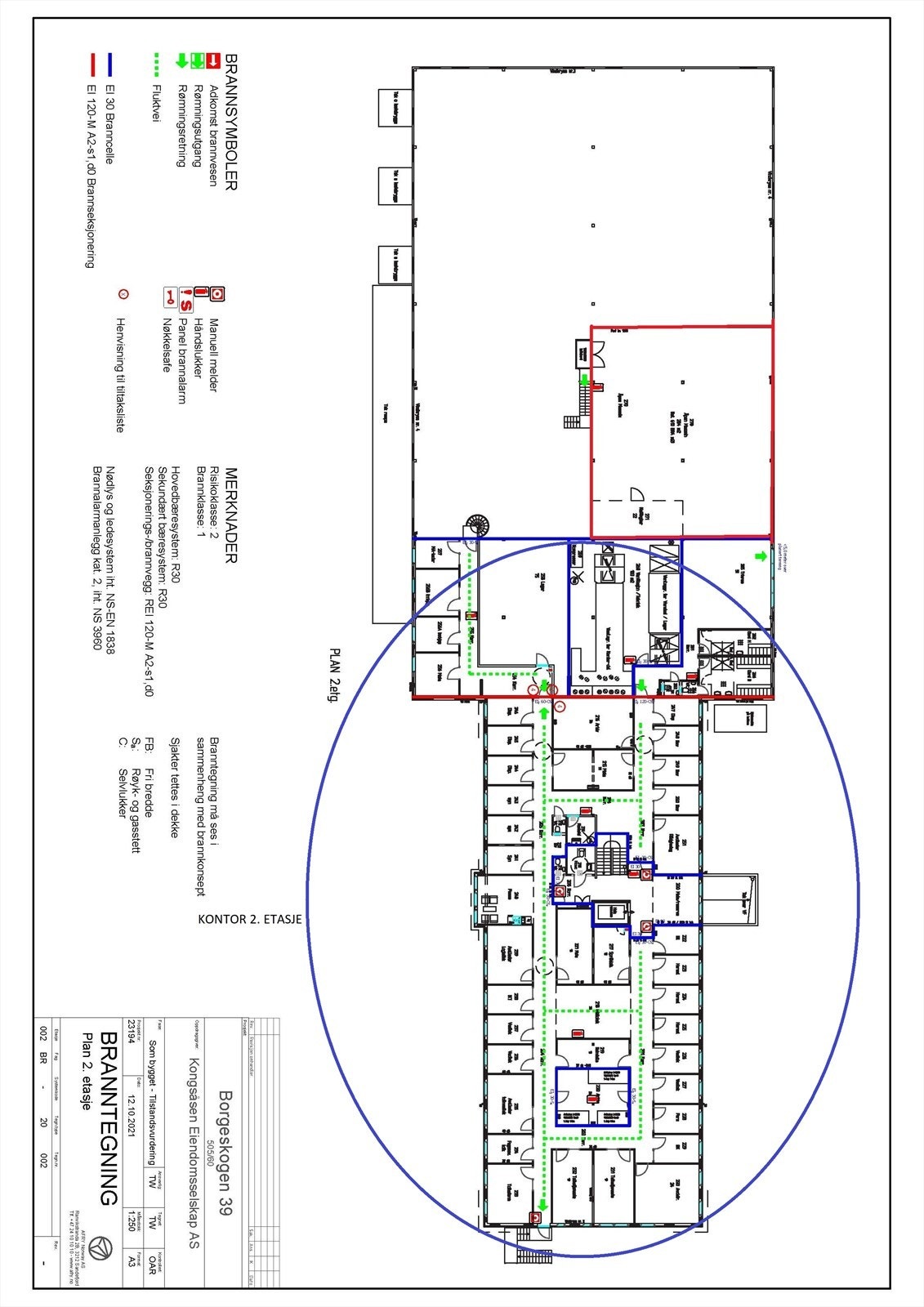 Tegning 2. etg. kontorfløy markert Galleribilde