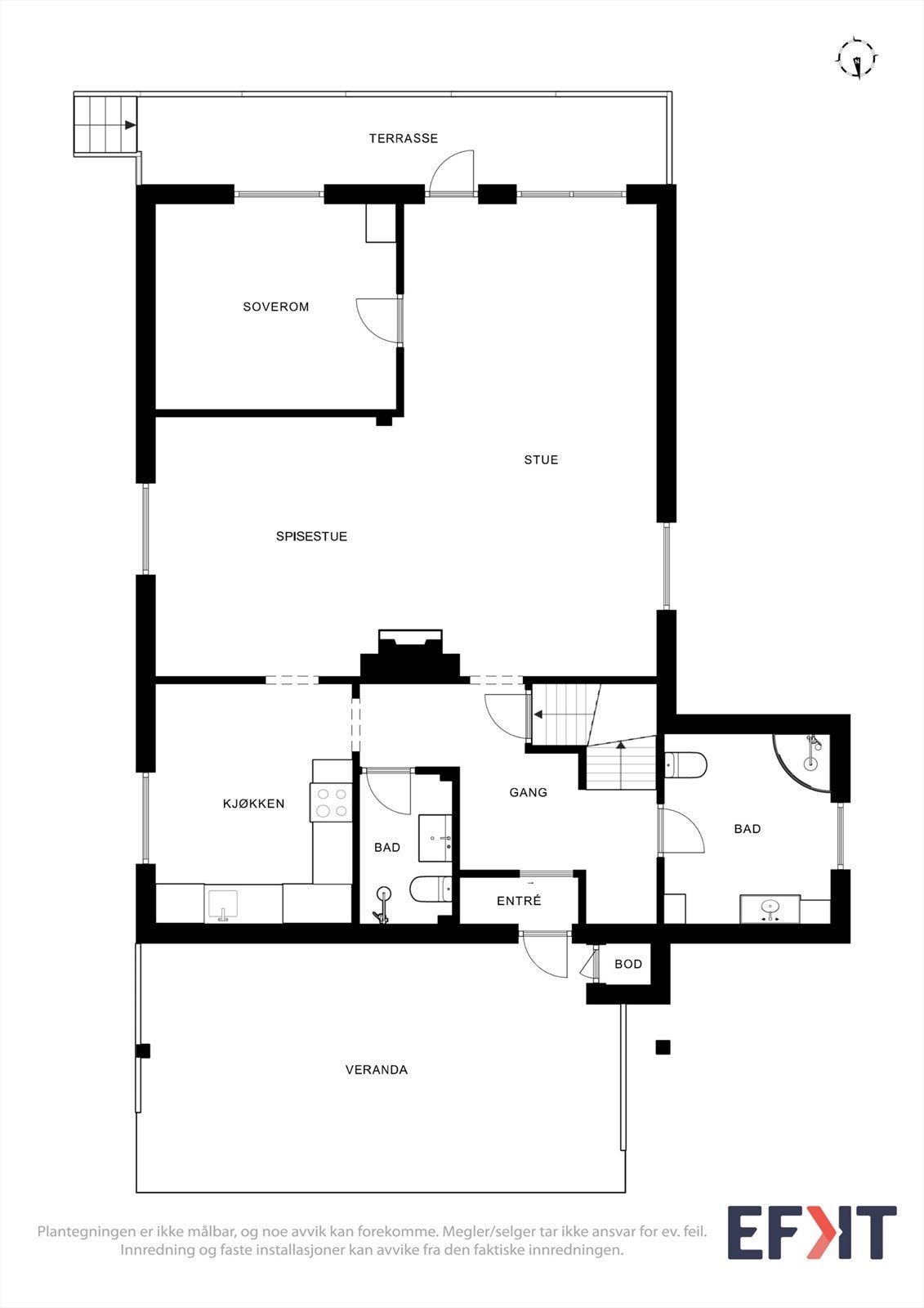 Plantegningen for første etasje viser en praktisk planløsning med stue, kjøkken, to bad og et soverom. Galleribilde