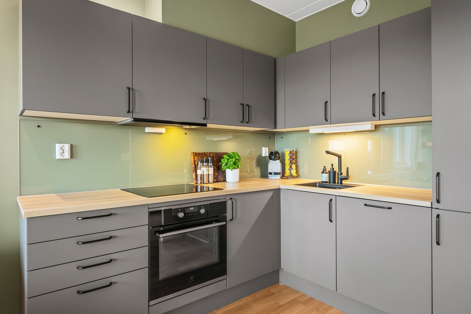 Det er integrert kjøl/fryseskap, platetopp, stekovn og oppvaskmaskin. Galleribilde