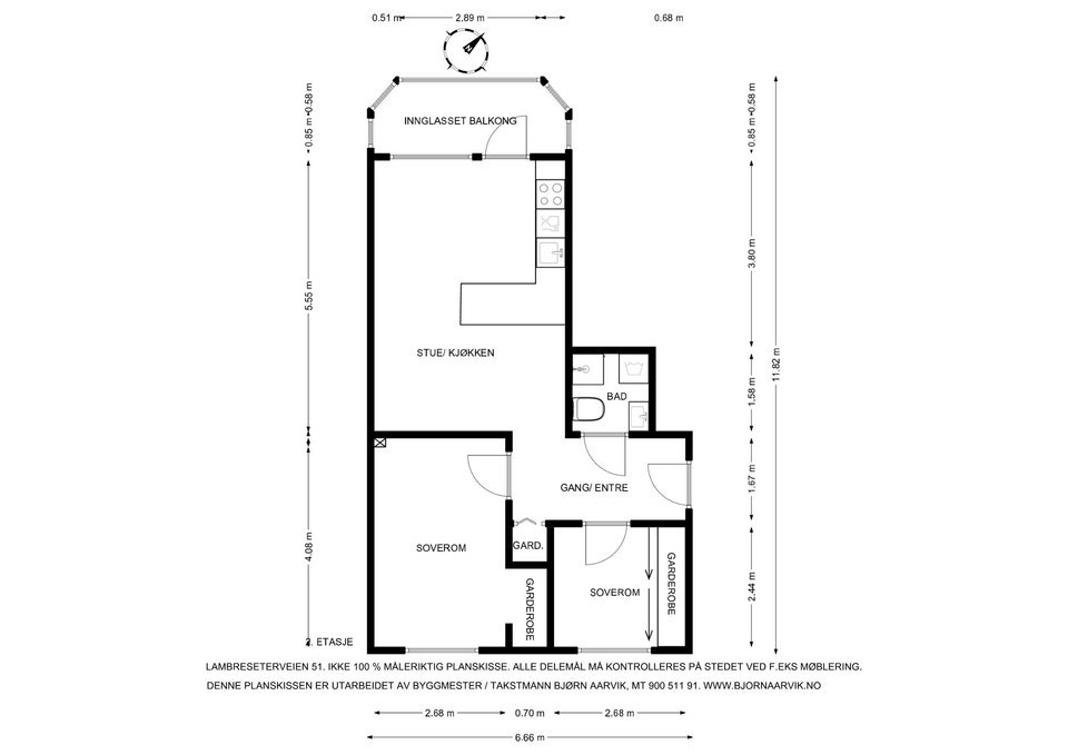 Plantegningen viser leilighetens arealeffektive planløsning med to soverom og åpen stue/kjøkken-løsning. Galleribilde