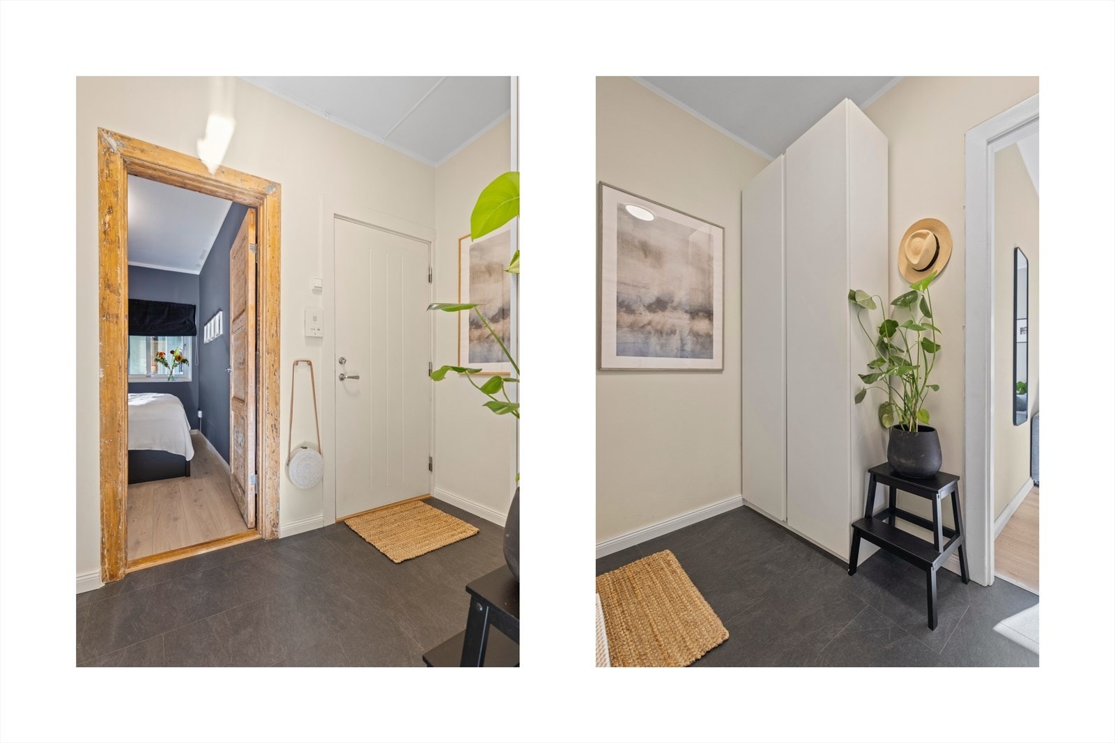 God plass for oppbevaring av yttertøy og sko. Garderobeskap medfølger salget. Galleribilde