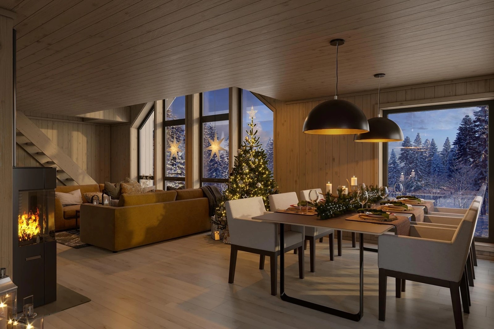 Hyggelig og lun kveldsstemning i stuen (digital styling). Galleribilde