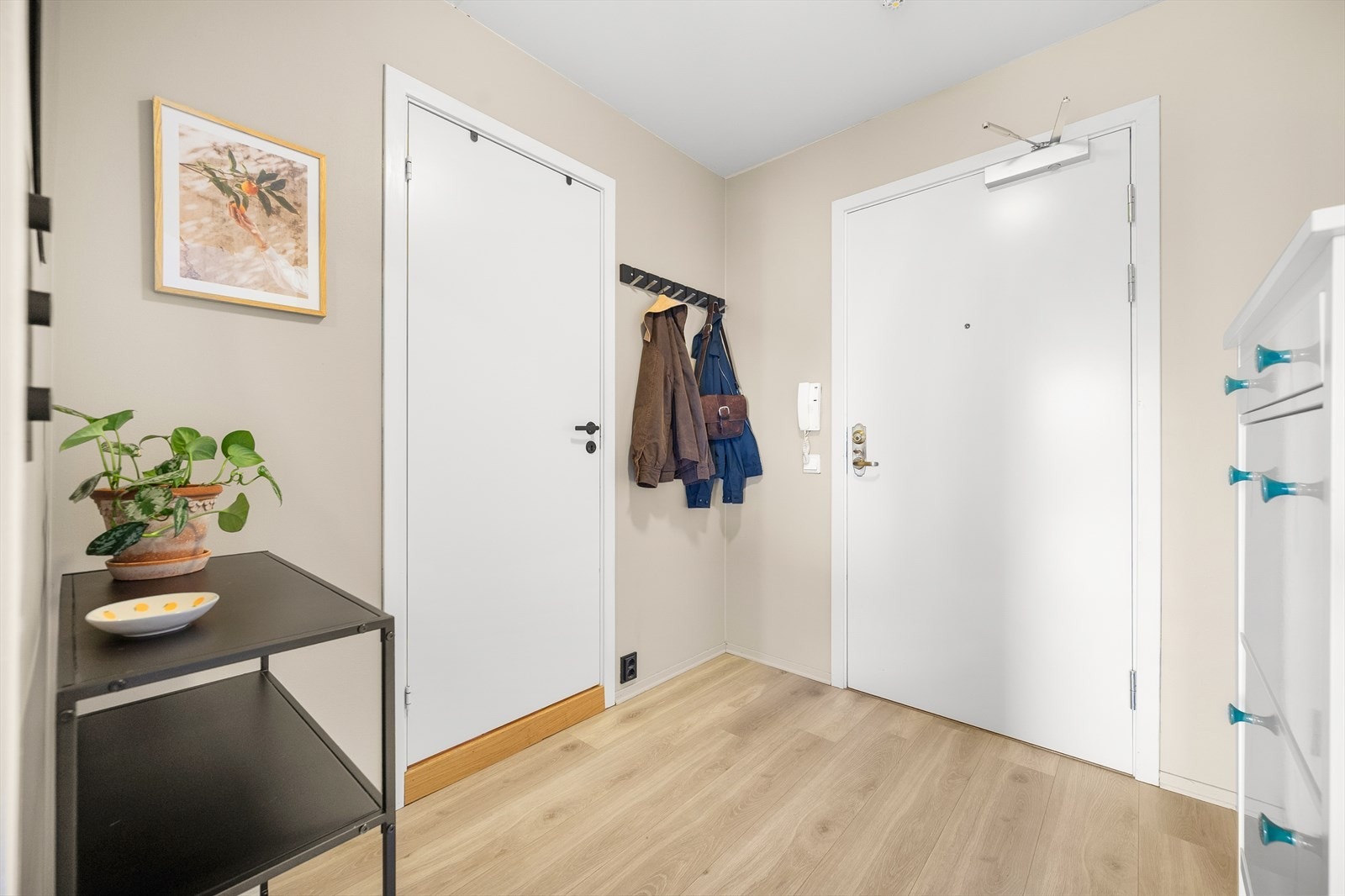 Det er plass til både knagger og skohylle for oppbevaring av yttertøy. Galleribilde