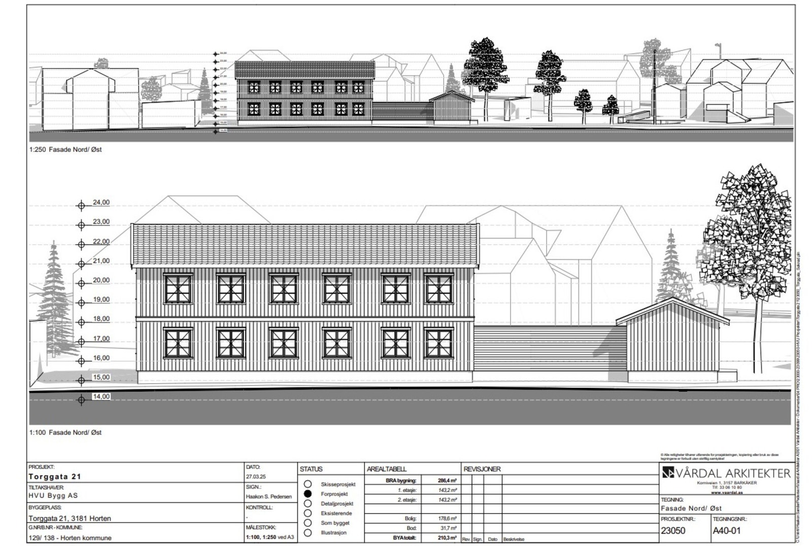 Fasadetegning - hentet fra rammetillatelsen. Tegnet av Vårdal Arkitekter. Galleribilde