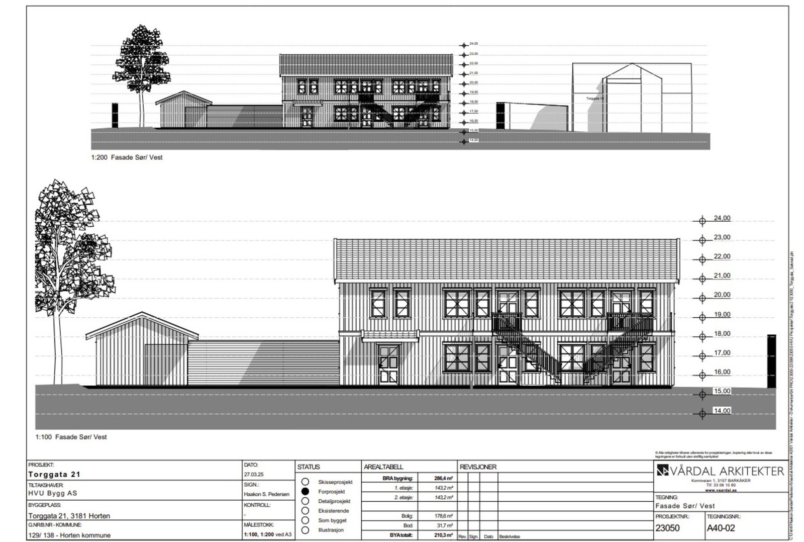Fasadetegning - hentet fra rammetillatelsen. Tegnet av Vårdal Arkitekter. Galleribilde