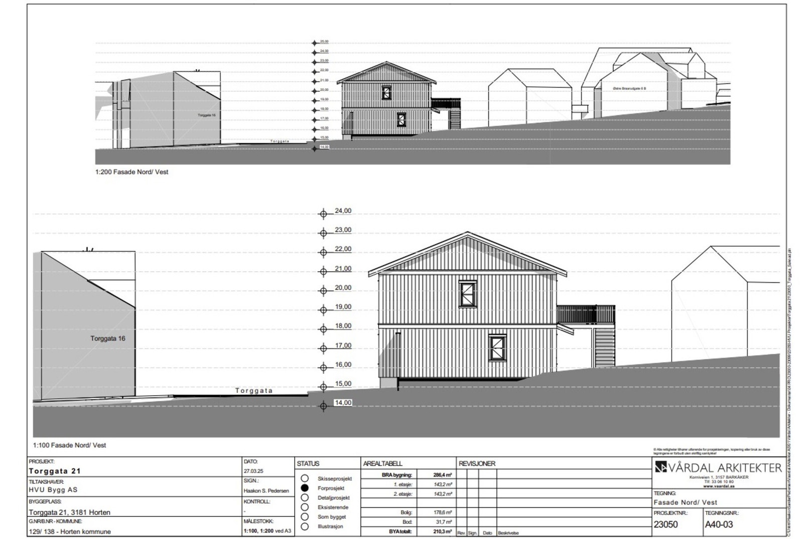 Fasadetegning - hentet fra rammetillatelsen. Tegnet av Vårdal Arkitekter. Galleribilde