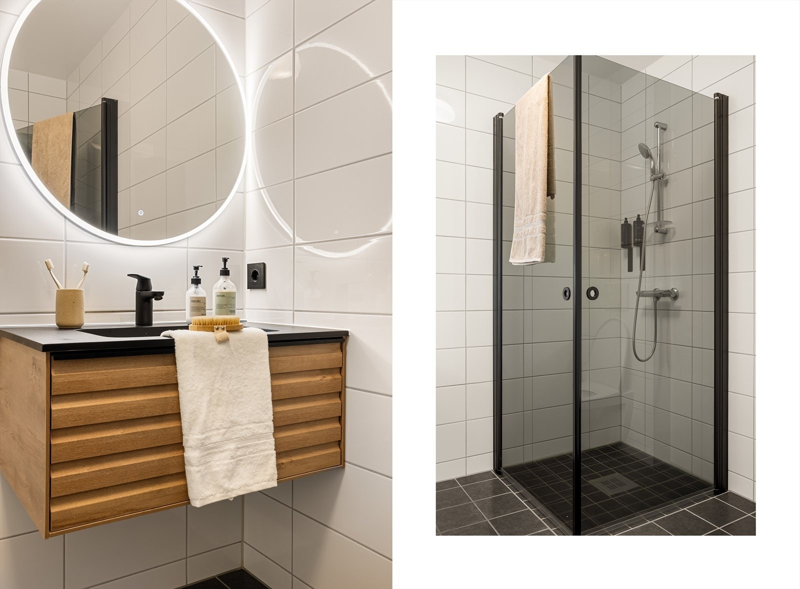 Lyst bad med splitter ny innredning, speil og dusjdører Galleribilde