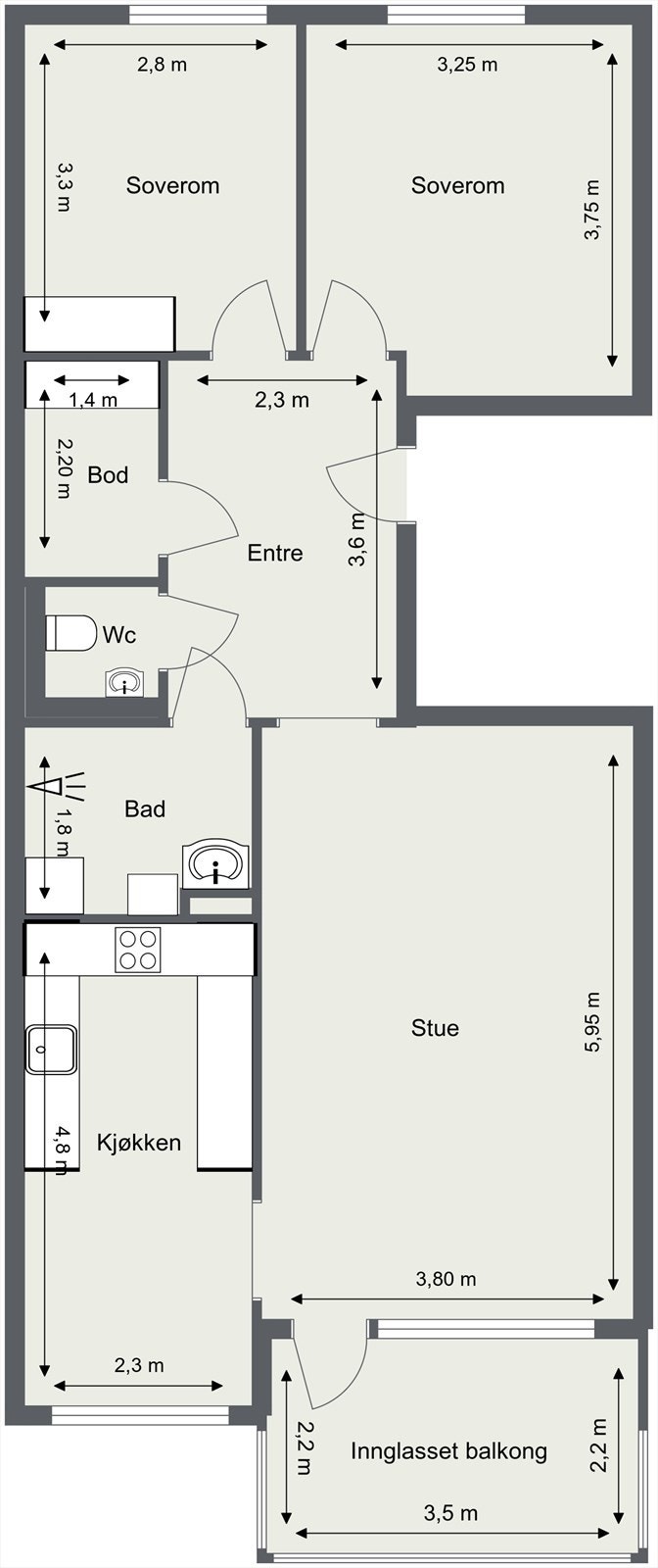 Plantegningen illustrerer leilighetens romfordeling, som inkluderer to soverom, stue, kjøkken, bad og et separat toalettrom. Galleribilde