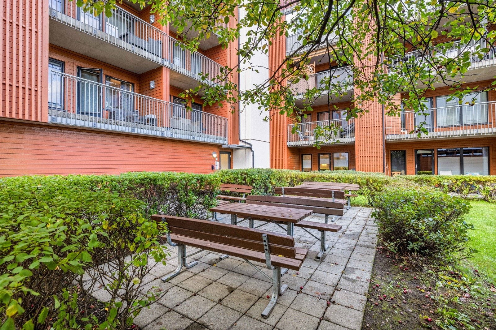 Borettslagets hage er fint opparbeidet med møteplasser for beboerne. Galleribilde