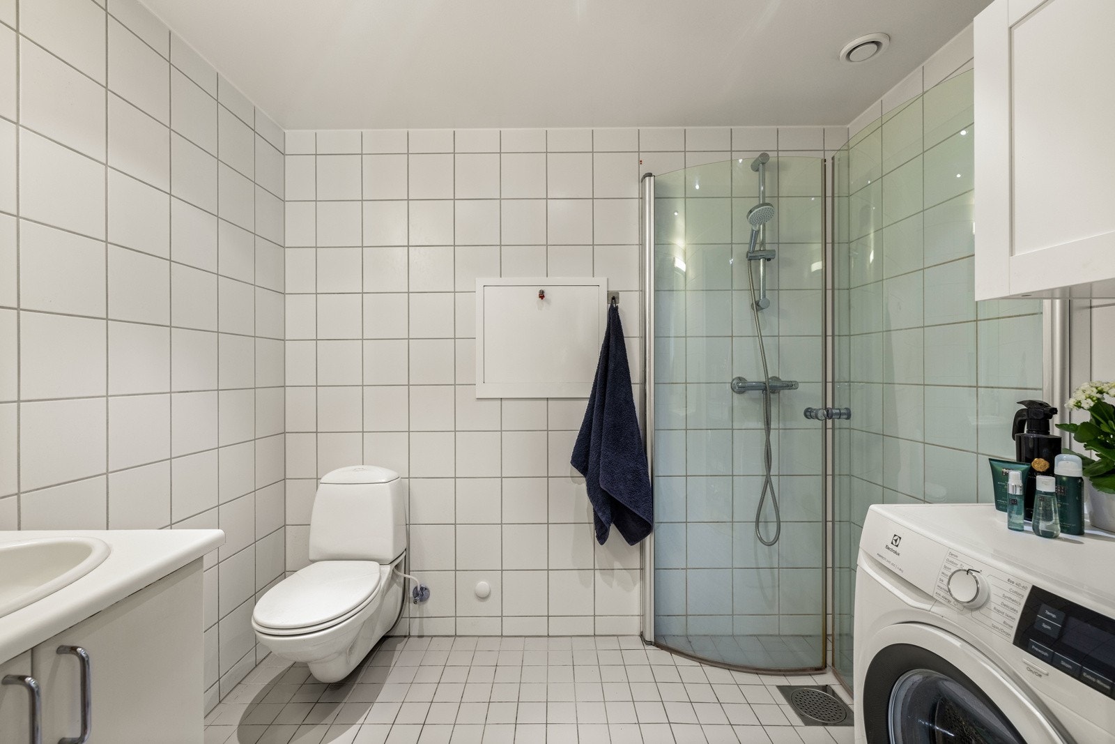 Romslig baderom med opplegg for vaskemaskin. Galleribilde