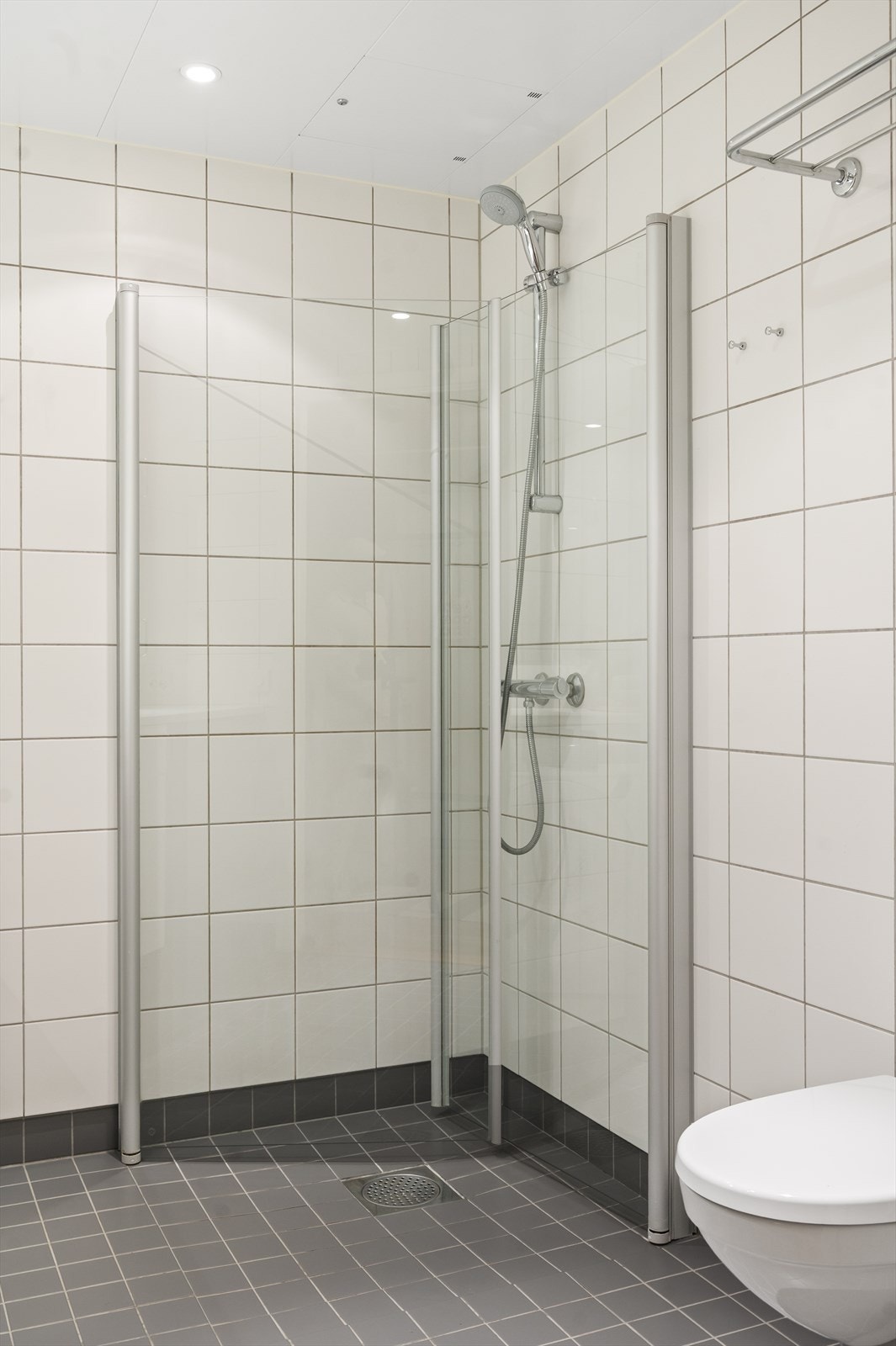 Baderomsinnredningen består av veggmonterte toalett og dusjhjørne med innfellbare glassdører Galleribilde