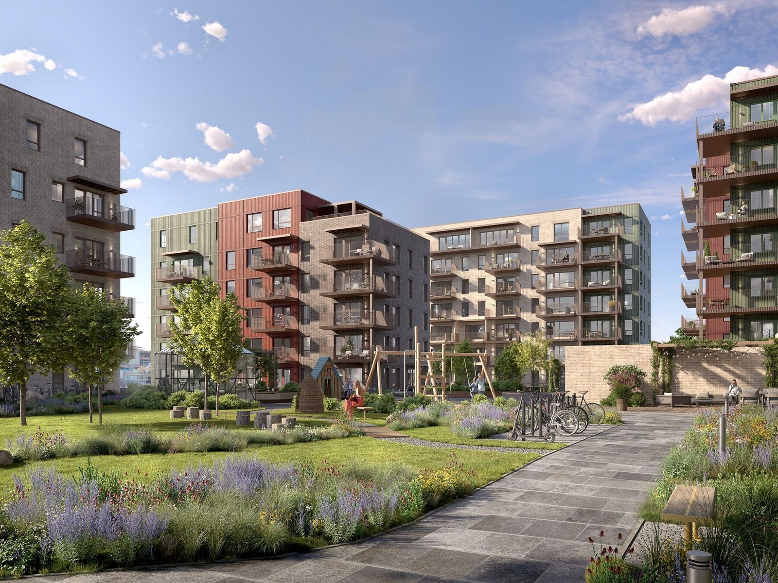 Prosjektet vil ha store flotte utomhusarealer hvor det anlegges en egen park i mellom byggene. Illustrasjonsbilde hvor endringer kan forekomme. Galleribilde