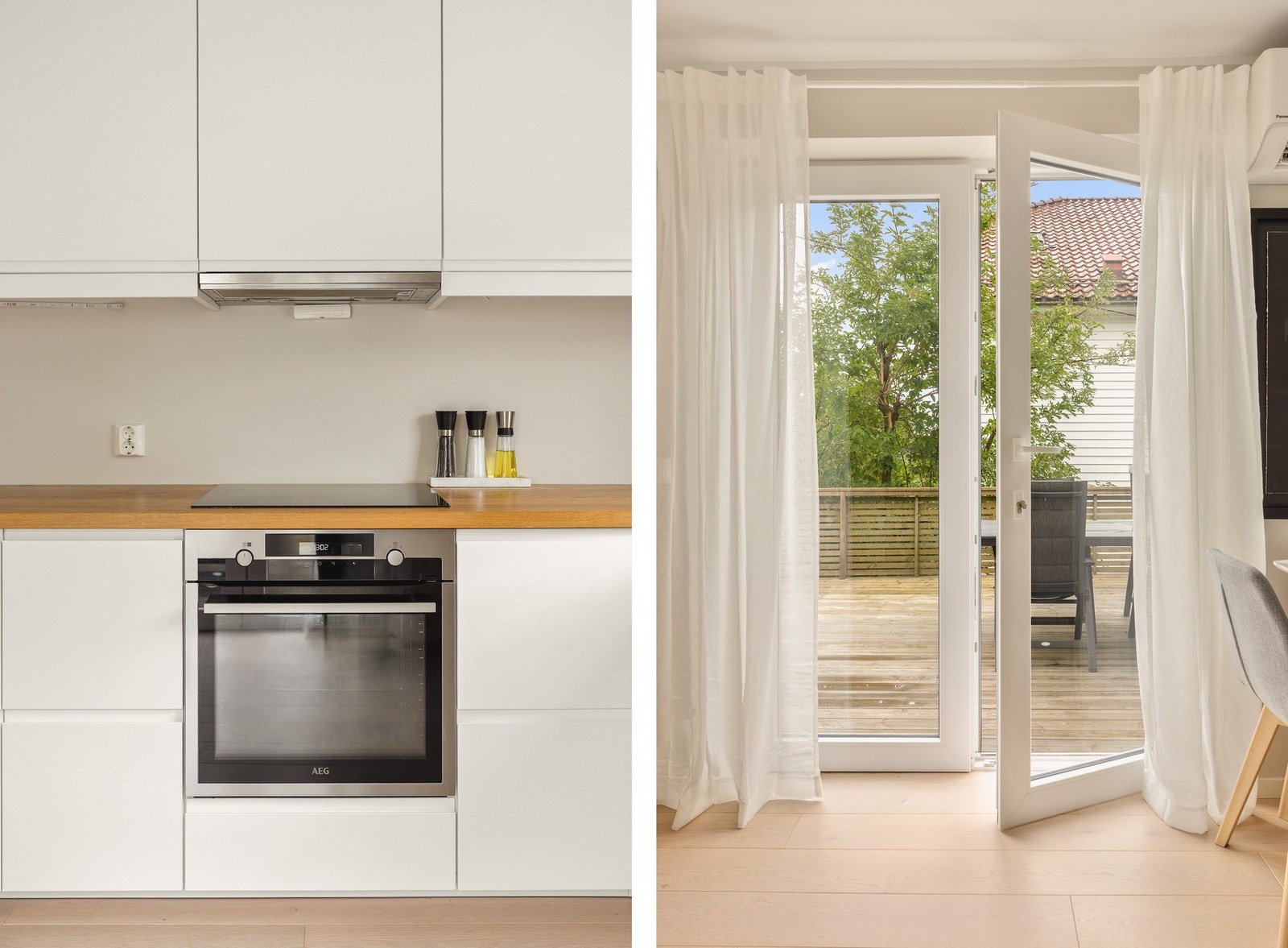 Kjøkkenet har innredning med slette fronter og heltre benkeplate med nedfelt vask av stål. Galleribilde