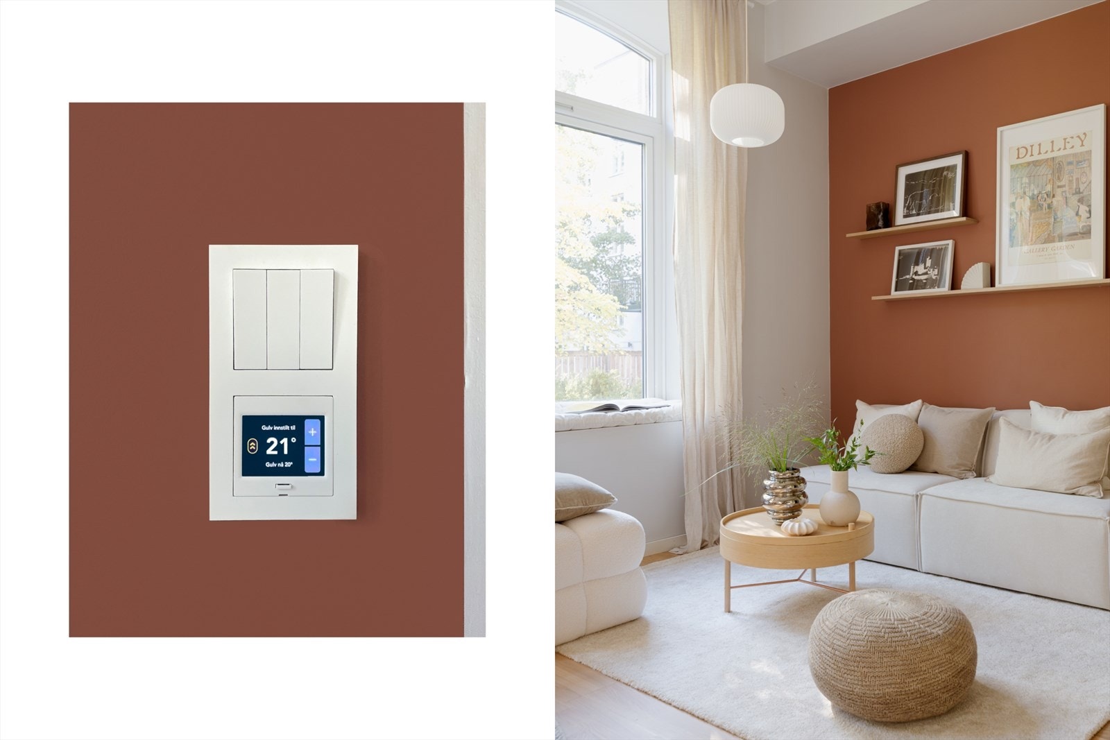 Det er gulvvarme i alle rom, med unntak av gangen nede. Ny termostat ble montert i 2025 - Praktisk, energibesparende og komfortabelt. Galleribilde
