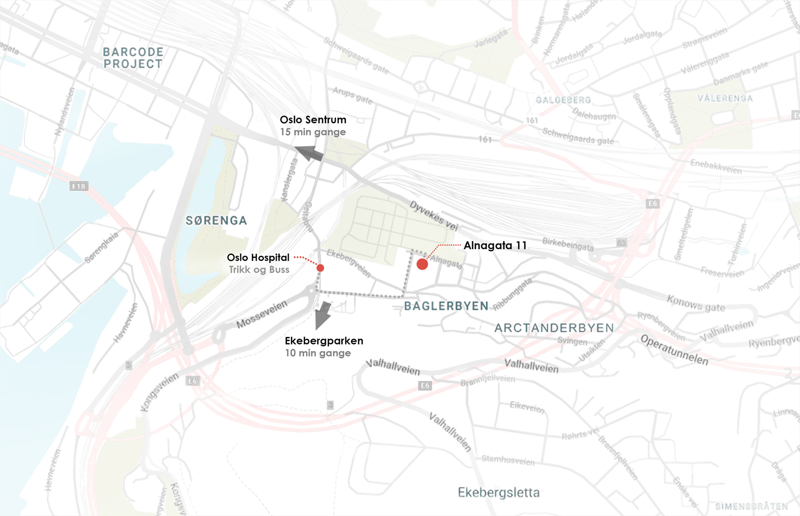 Oversiktlig kart som viser leilighetens sentrale beliggenhet med nærhet til kollektiv, parker og servicetilbud. Galleribilde