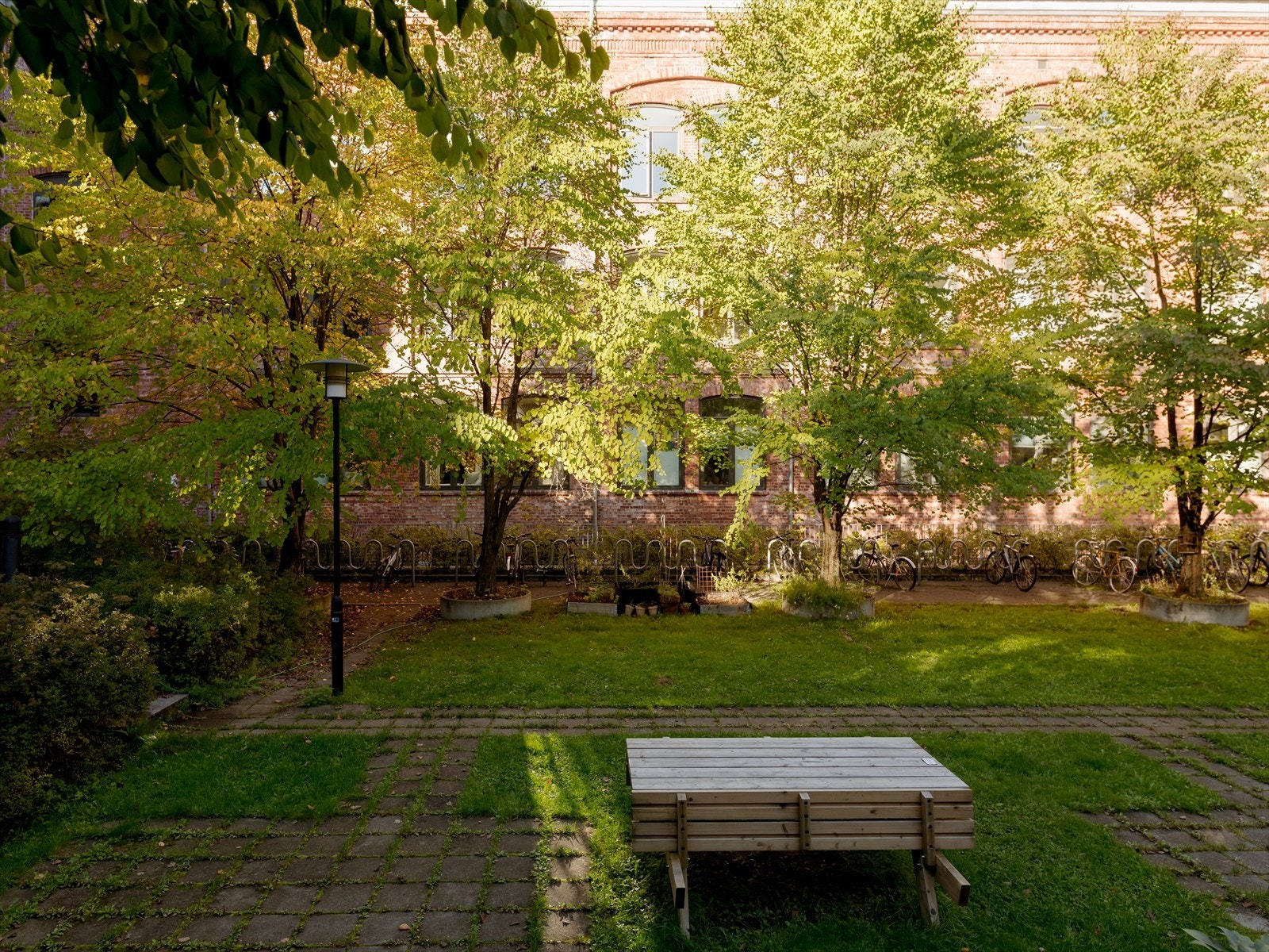 Borettslagets bakgård er et hyggelig og grønt fellesområde med plen, beplantning, sykkelparkering og sittegrupper. Galleribilde