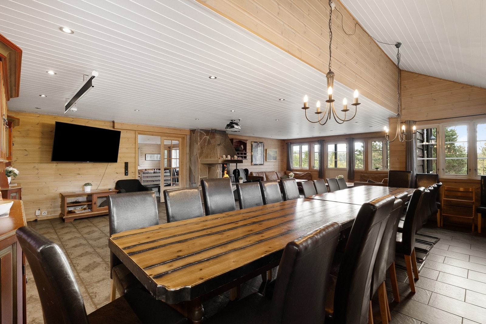 Sonos anlegg og prosjektor i tak, samt flatskjerm TV på vegg. Galleribilde