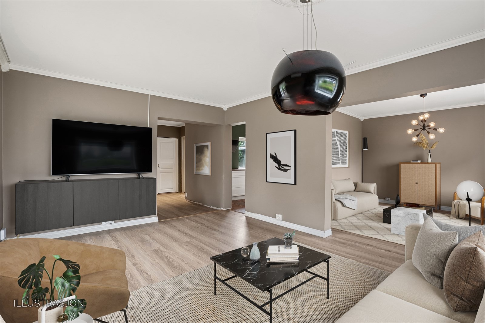 Stor stue med gode innredningsmuligheter for ulike soner. Galleribilde