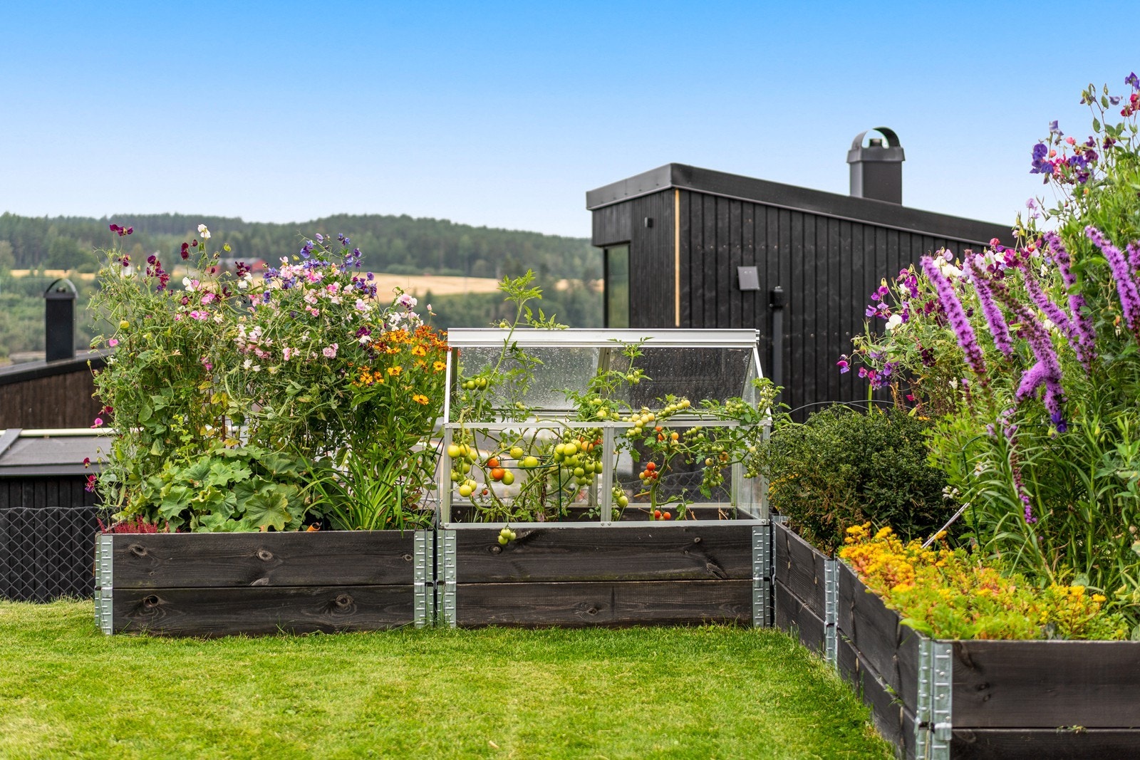 Velstelt hage med blomster og grønnsaker, ideelt for den som liker hagearbeid. Galleribilde