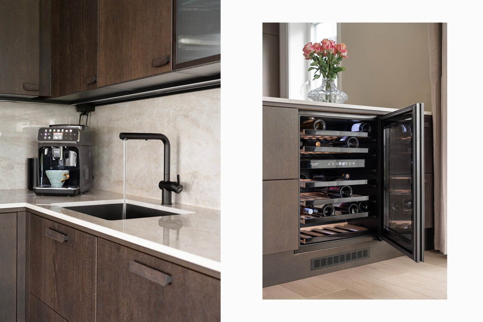 Det er montert ledlist under overskapene og integrert vinskap i kjøkkenøy. Galleribilde