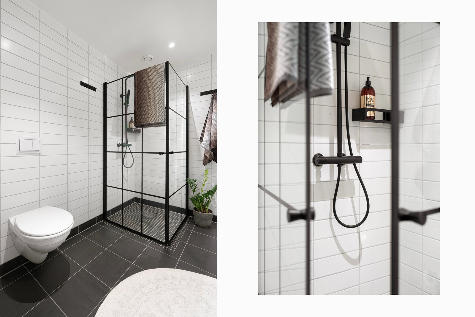 Badet er utstyrt med innredning med doble sett skuffer, servant, dusjvegger av glass og dusjgarnityr på vegg, samt opplegg for vaskemaskin og plass til trommel. Galleribilde