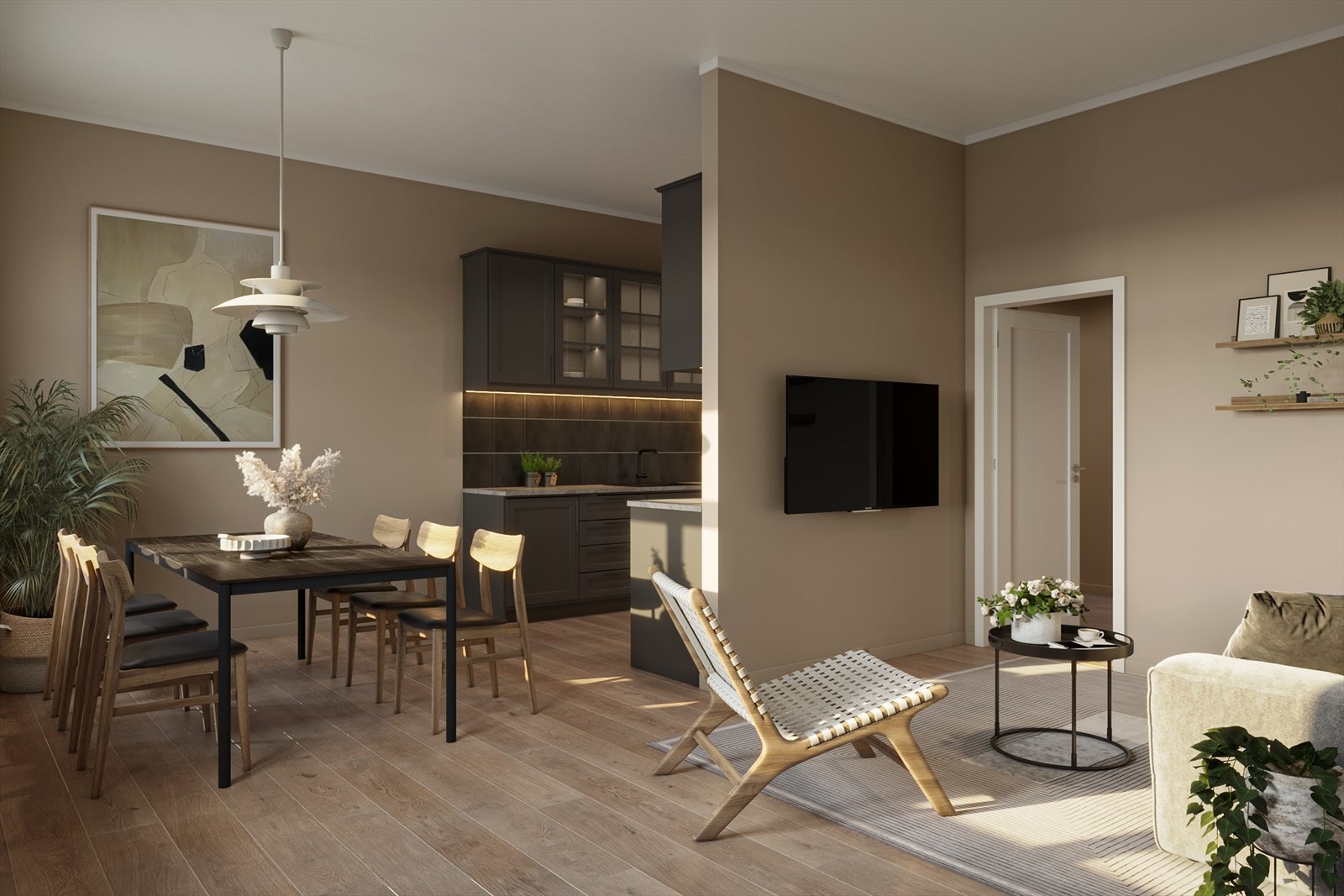 Kjøkkeninnredning fra Aubo, i stilrent design, leveres komplett med integrerte hvitevarer.Illustrasjonsfoto - avvik kan forekomme Galleribilde