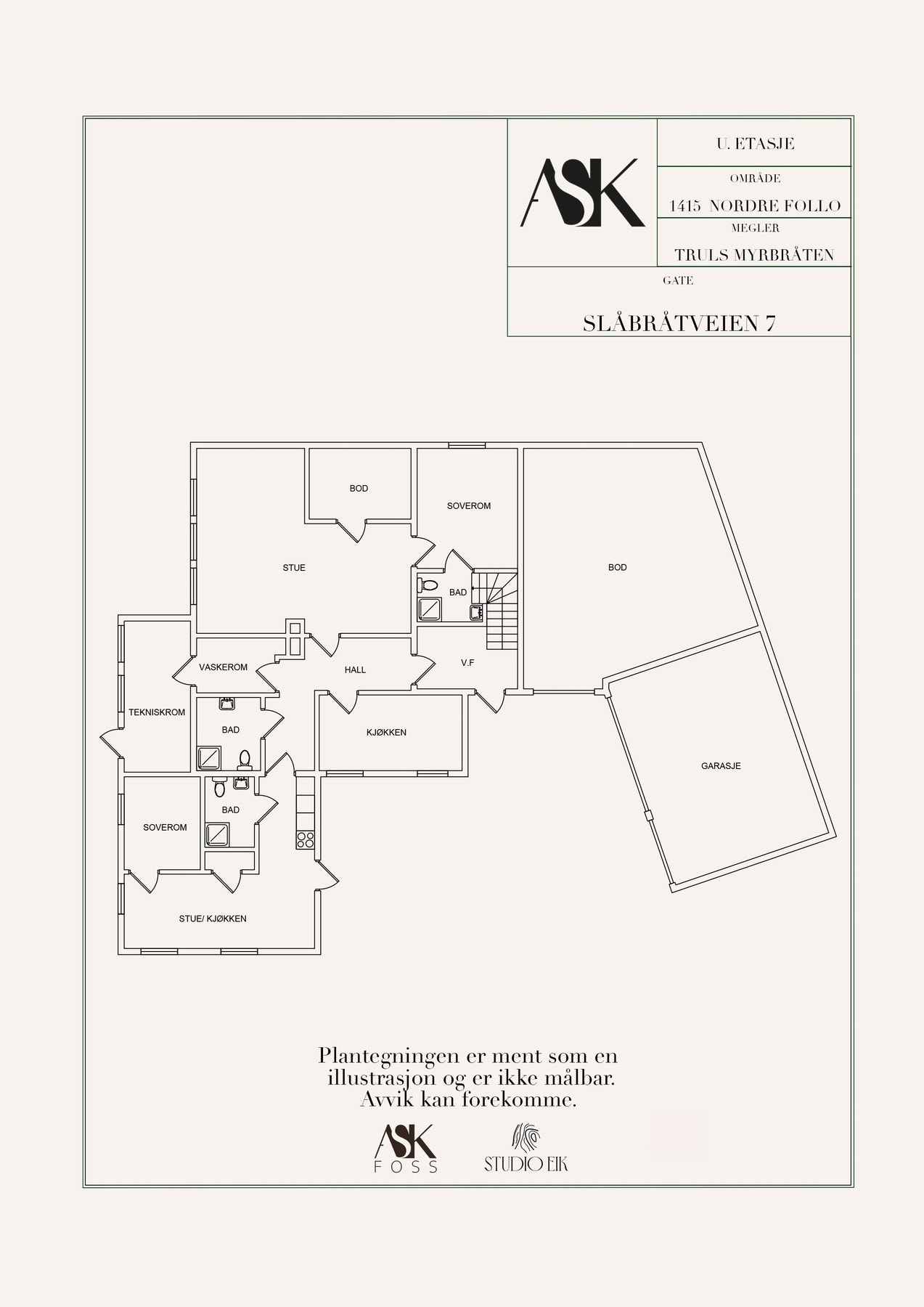 Planløsning underetasje. Døren fra kjøkkenet i 'hybelen' og inn til hoveddelen er pr. dd. tettet med en lettvegg. Galleribilde