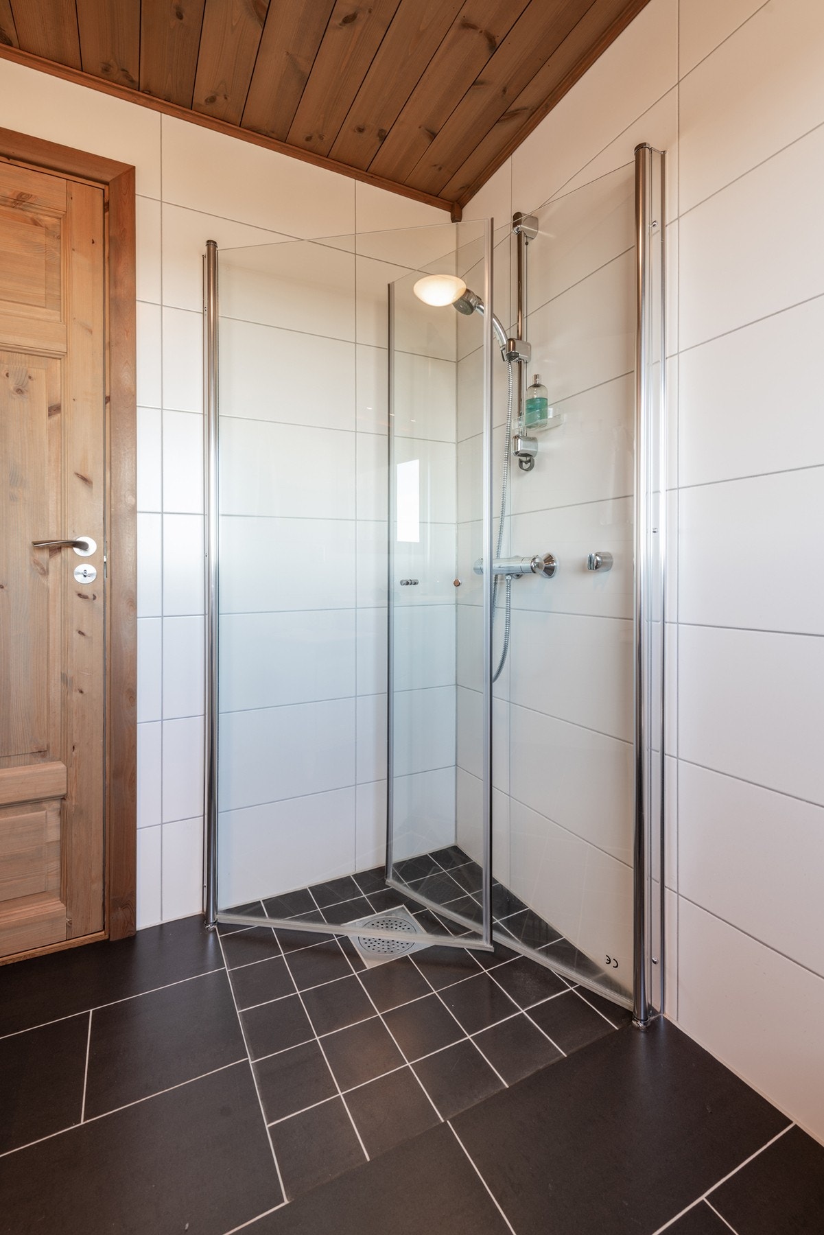 Badet er innredet mer dusj, toalett og servant med innredning. Galleribilde