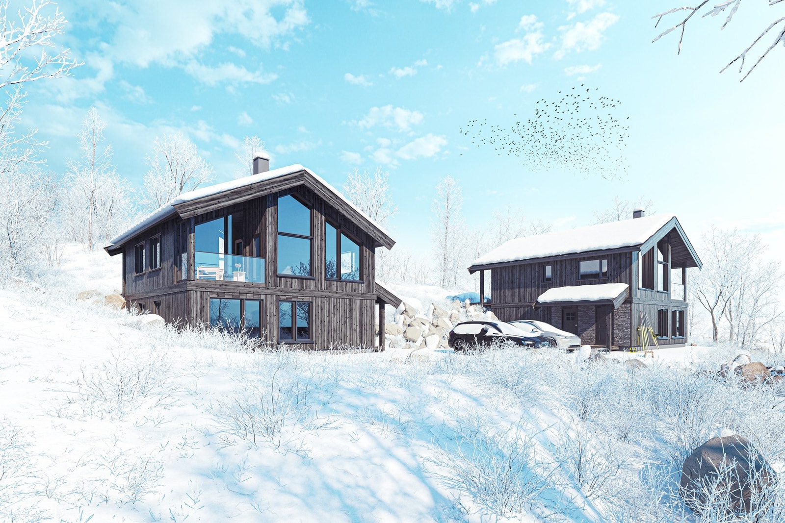 Hyttene ligger nydelig i terrenget med utsikt mot Skurdalsvannet (illustrasjon, avvik kan forekomme) Galleribilde