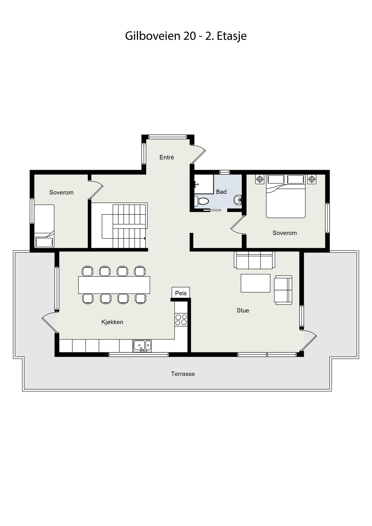 Planskisse for boligens hovedetasje. Ikke målholdig. Detaljer kan avvike. Galleribilde