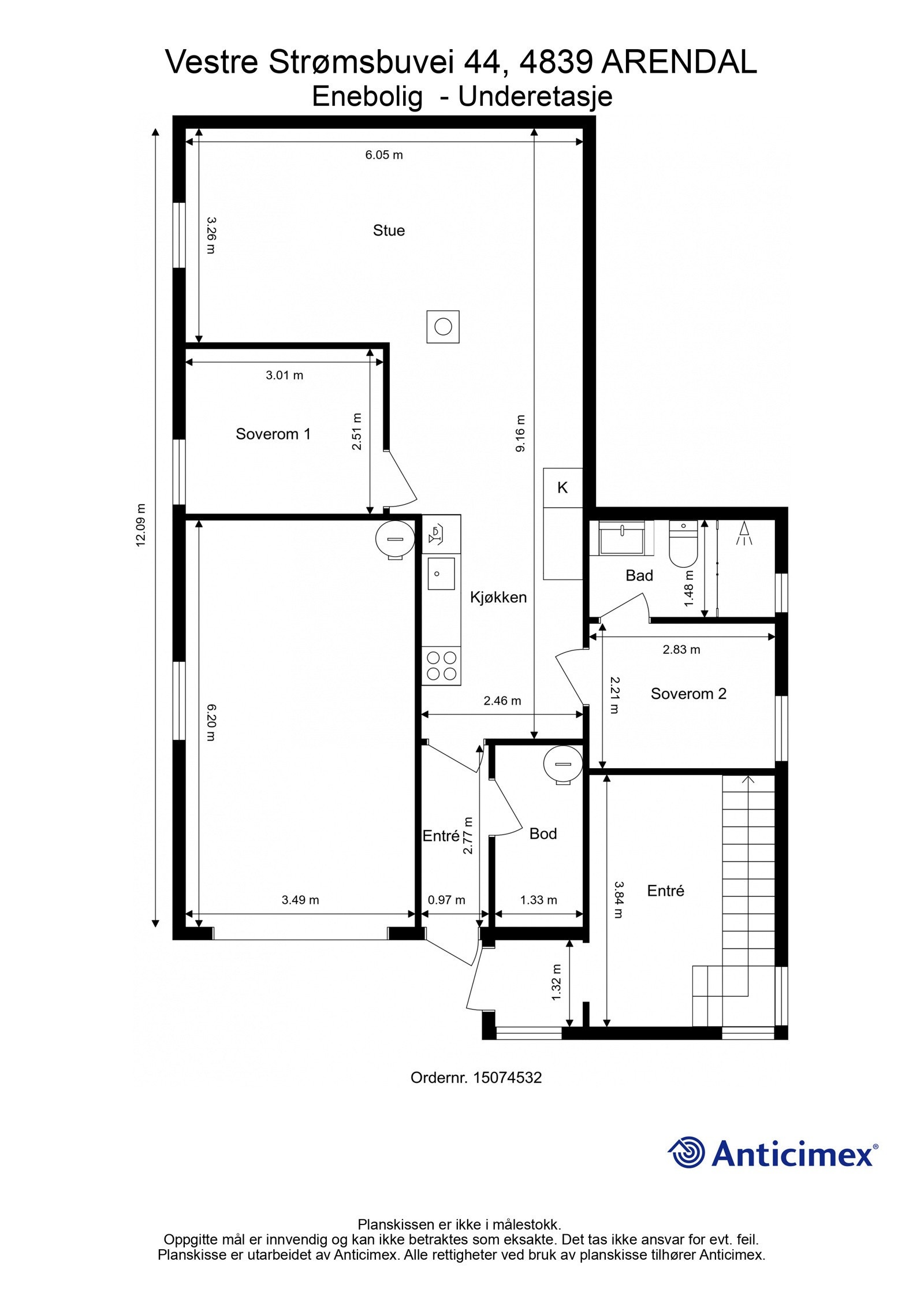 Plantegning - Underetasje. I underetasjen er det etablert leilighet med egen inngang og egen strømmåler. Den er ikke godkjent hos kommunen. Galleribilde