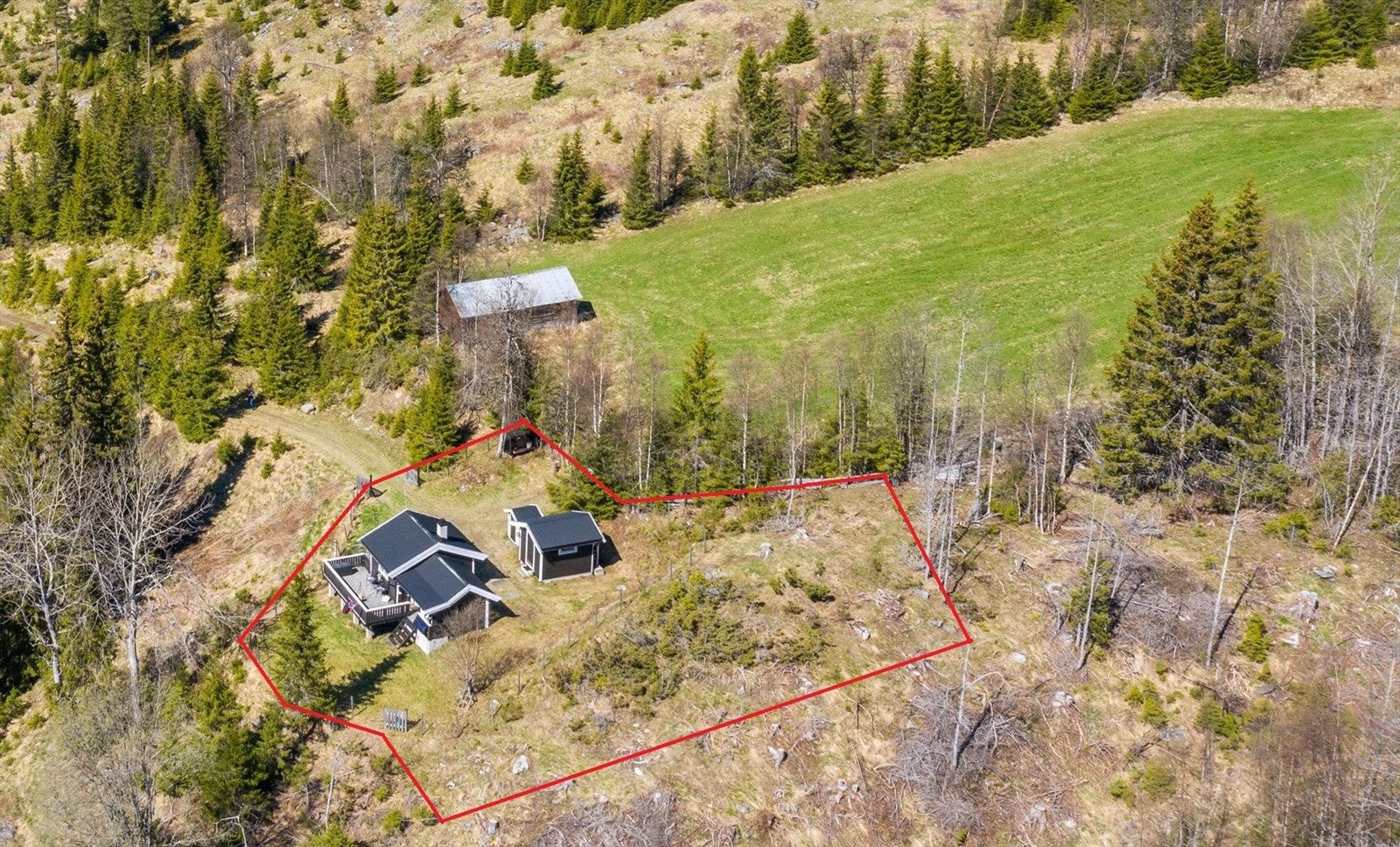 Tomtas omtrentlige grenser. Tomta er sydvendt og skrånende - delvis opparbeidet og tilsådd, med resterende areal som naturtomt. Galleribilde